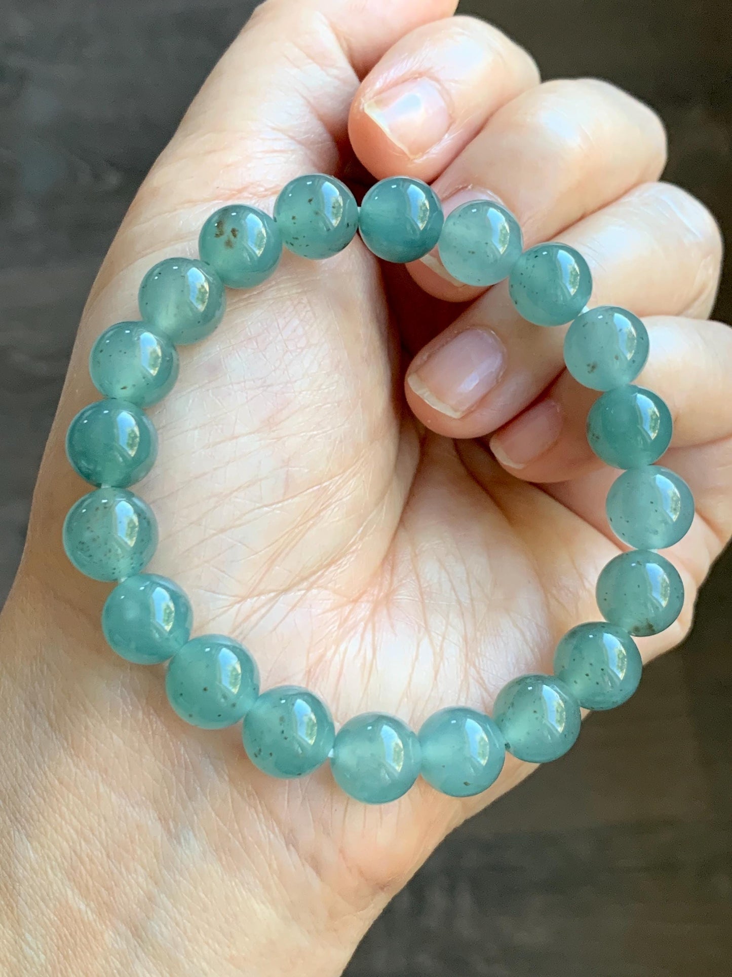 Natural Grade A Guatemalan Icy Translucent Teal Blue Brown Marbled Jade Jadeite Beaded Bracelet Stretchy 9.5mm 7.25” 31g 天然冰危蓝撒金翡翠圆珠手串WSJ550