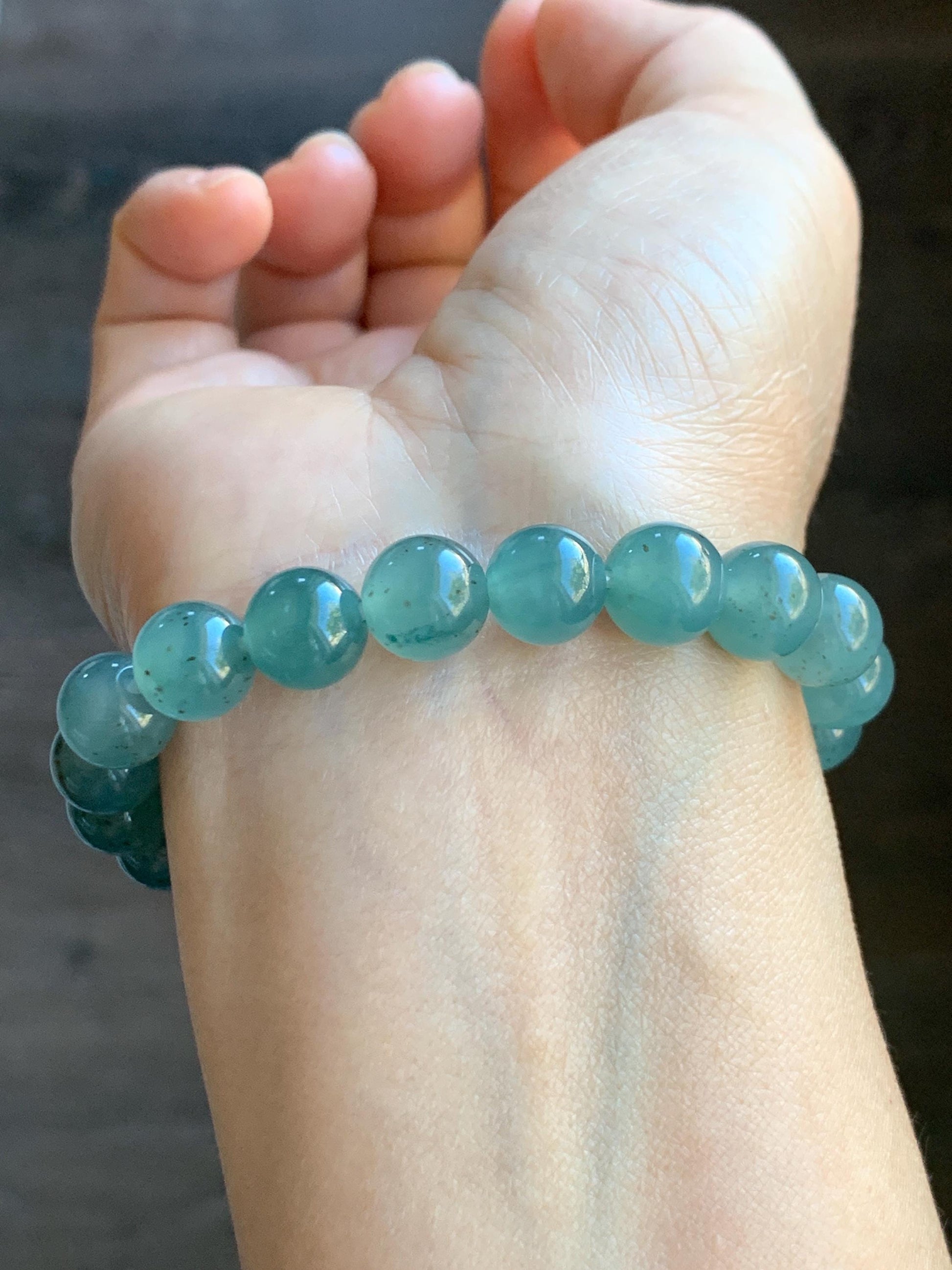 Natural Grade A Guatemalan Icy Translucent Teal Blue Brown Marbled Jade Jadeite Beaded Bracelet Stretchy 9.5mm 7.25” 31g 天然冰危蓝撒金翡翠圆珠手串WSJ550