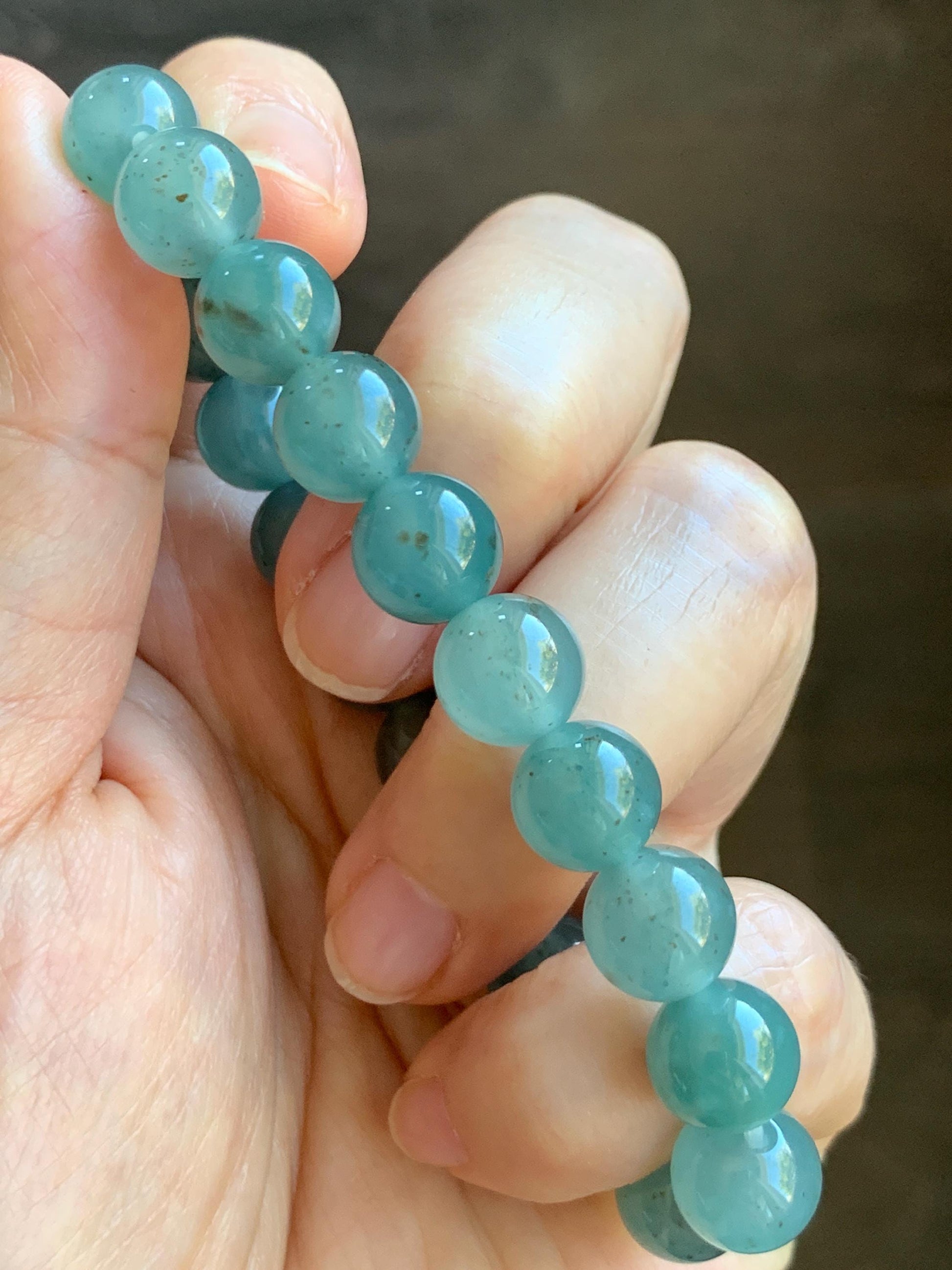 Natural Grade A Guatemalan Icy Translucent Teal Blue Brown Marbled Jade Jadeite Beaded Bracelet Stretchy 9.5mm 7.25” 31g 天然冰危蓝撒金翡翠圆珠手串WSJ550