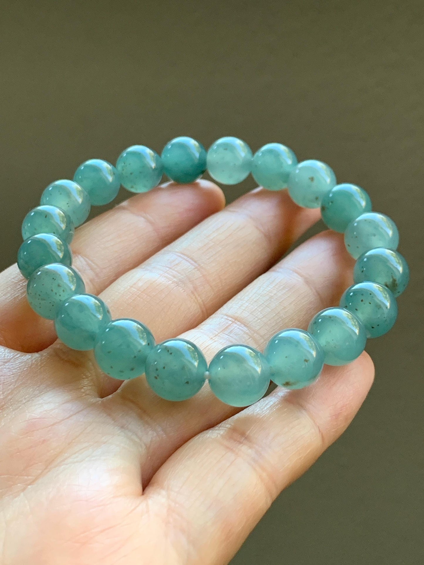 Natural Grade A Guatemalan Icy Translucent Teal Blue Brown Marbled Jade Jadeite Beaded Bracelet Stretchy 9.5mm 7.25” 31g 天然冰危蓝撒金翡翠圆珠手串WSJ550