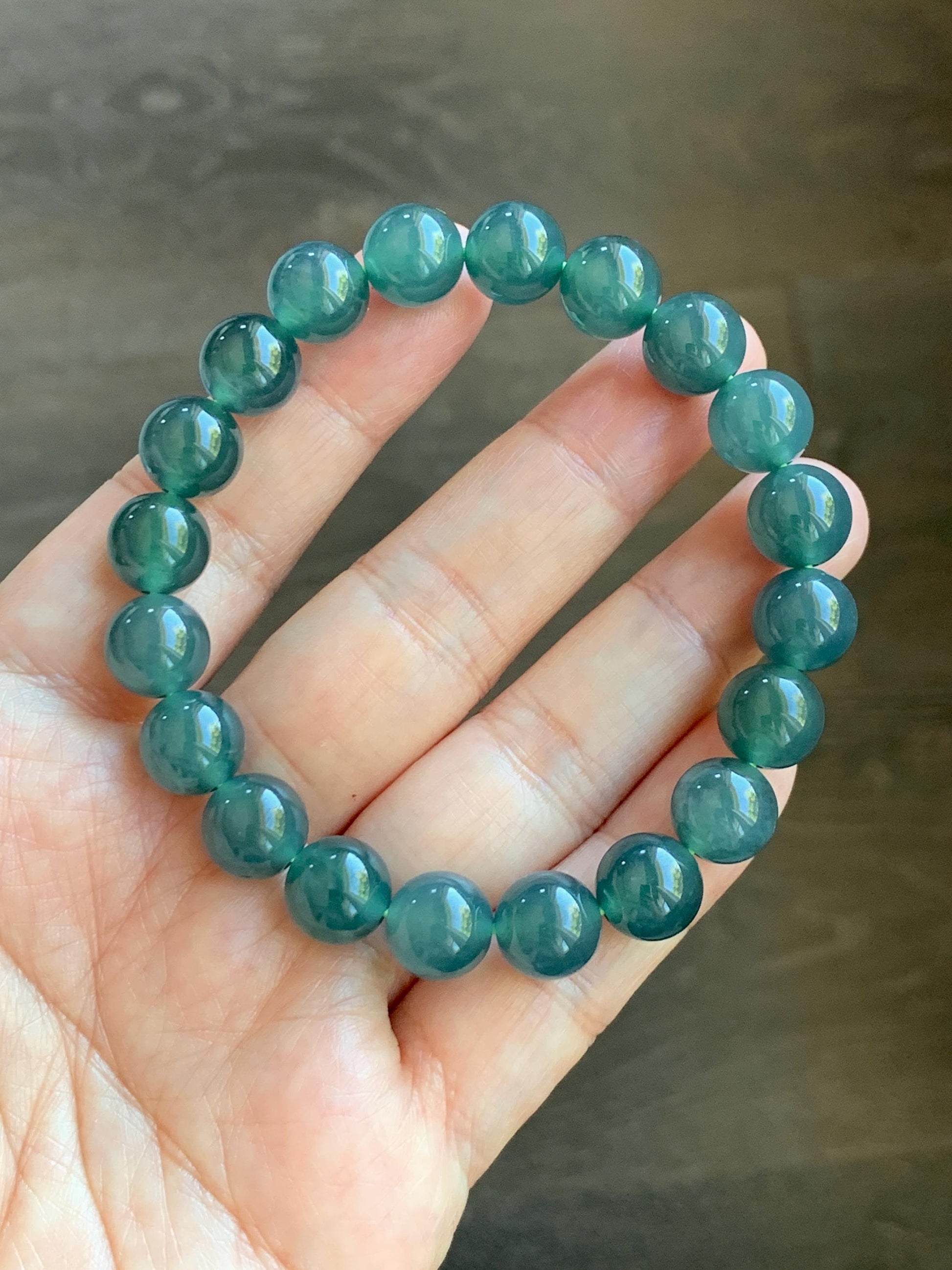 Natural Grade A Guatemalan Icy Highly Translucent Dark Teal Blue Jade Jadeite Beaded Bracelet Stretchy 9.9mm 7.5” 34g 天然冰危深蓝翡翠圆珠手串 WSB550