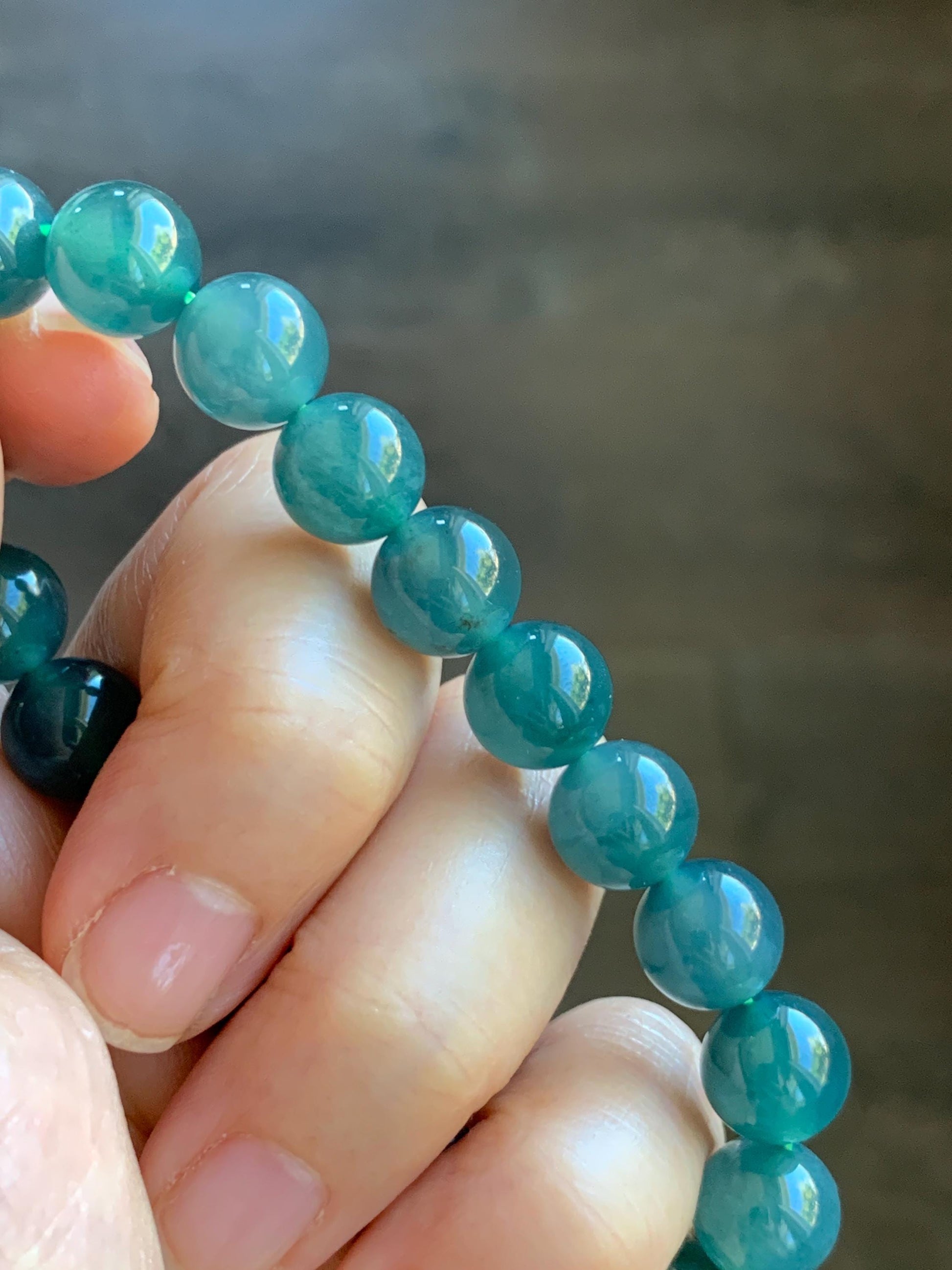 Natural Grade A Guatemalan Icy Highly Translucent Dark Teal Blue Jade Jadeite Beaded Bracelet Stretchy 9.9mm 7.5” 34g 天然冰危深蓝翡翠圆珠手串 WSB550