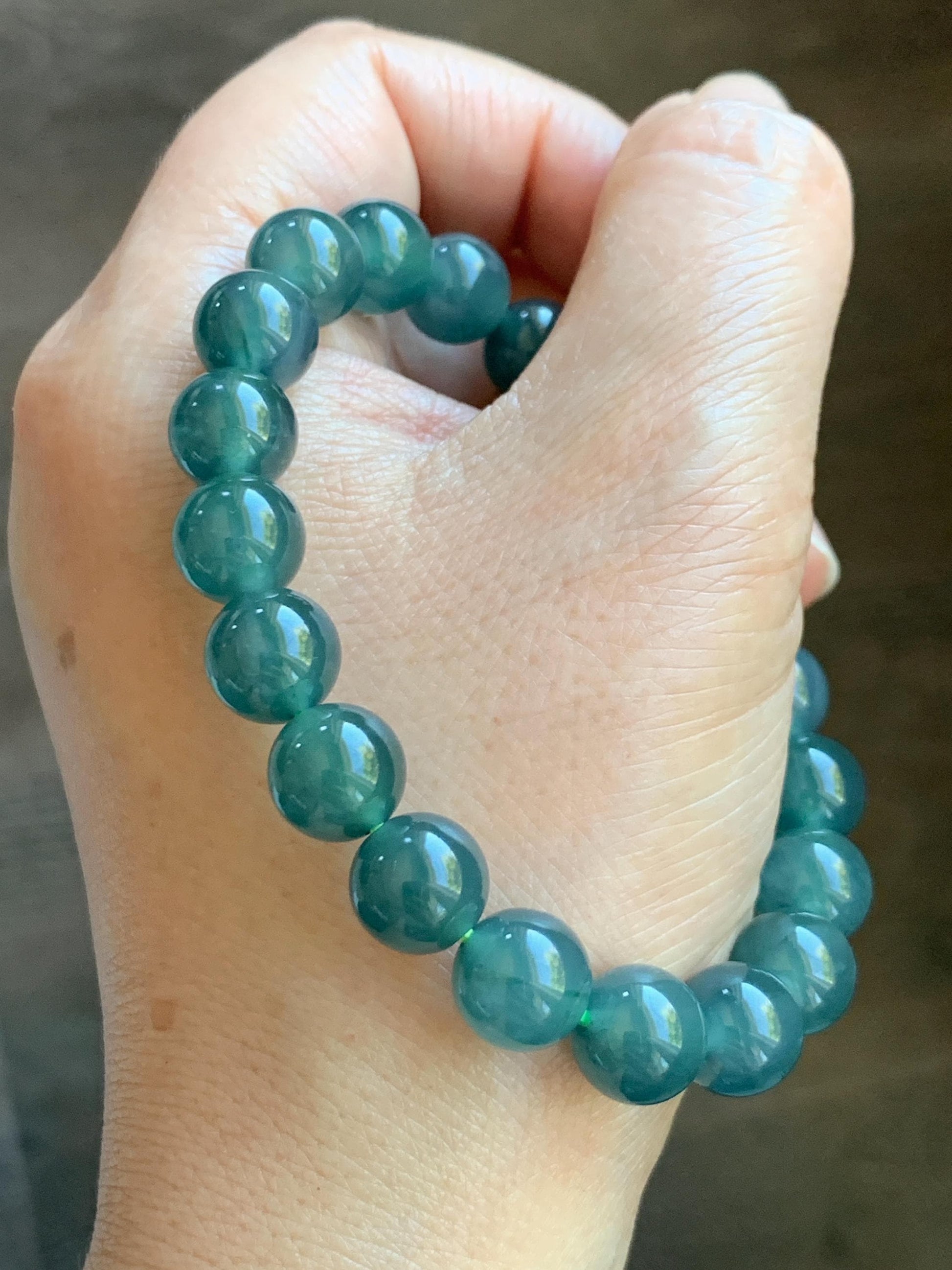 Natural Grade A Guatemalan Icy Highly Translucent Dark Teal Blue Jade Jadeite Beaded Bracelet Stretchy 9.9mm 7.5” 34g 天然冰危深蓝翡翠圆珠手串 WSB550