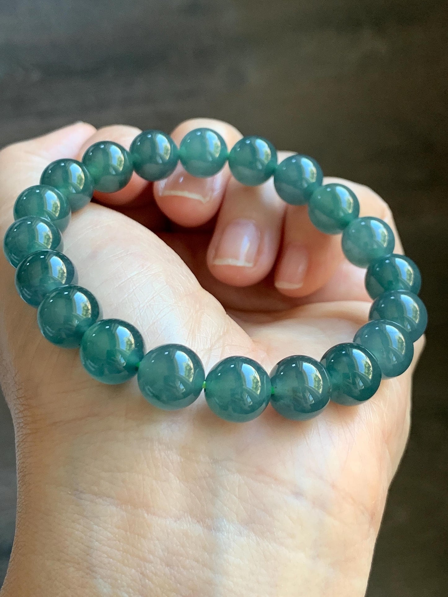 Natural Grade A Guatemalan Icy Highly Translucent Dark Teal Blue Jade Jadeite Beaded Bracelet Stretchy 9.9mm 7.5” 34g 天然冰危深蓝翡翠圆珠手串 WSB550
