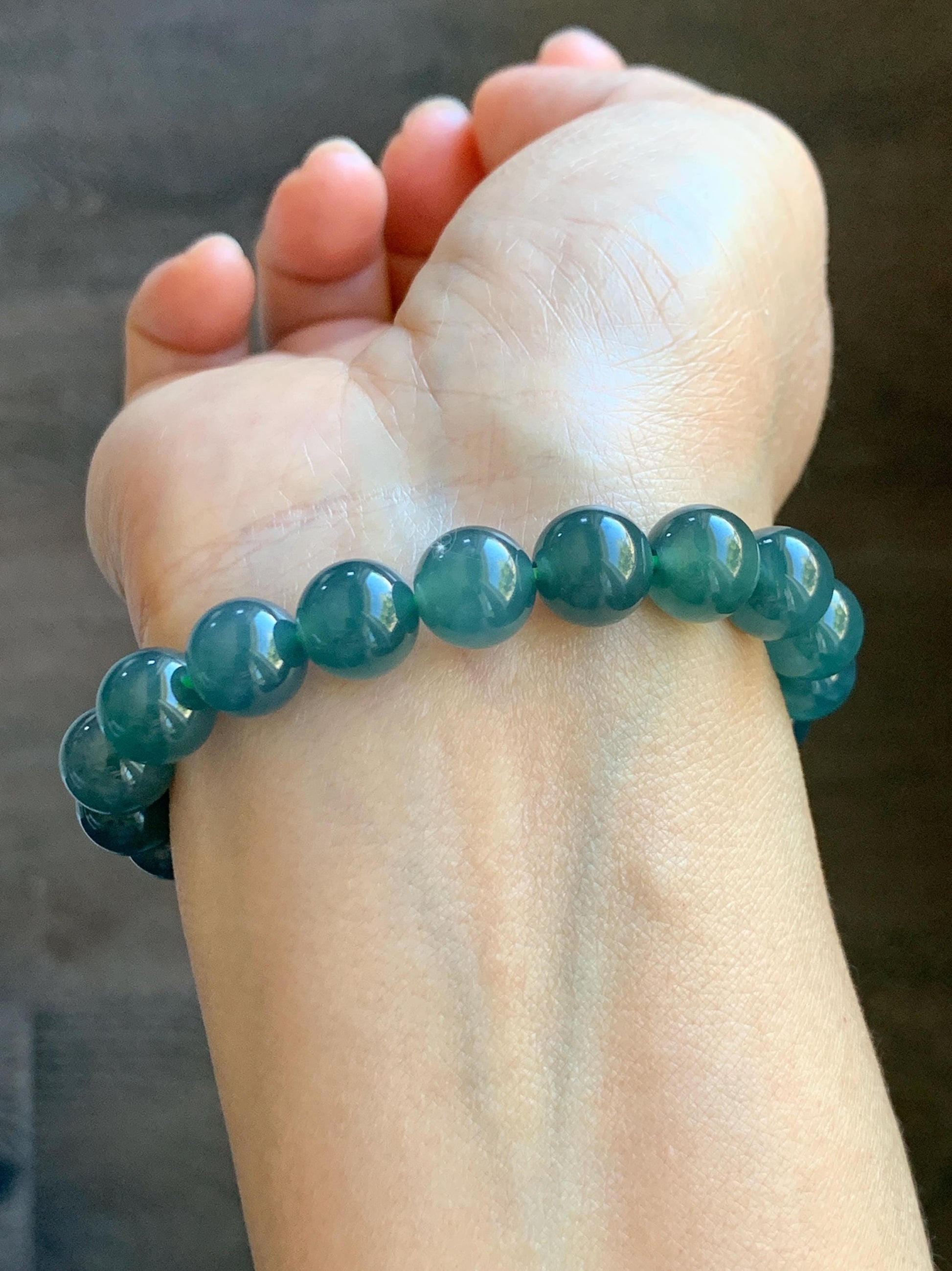 Natural Grade A Guatemalan Icy Highly Translucent Dark Teal Blue Jade Jadeite Beaded Bracelet Stretchy 9.9mm 7.5” 34g 天然冰危深蓝翡翠圆珠手串 WSB550