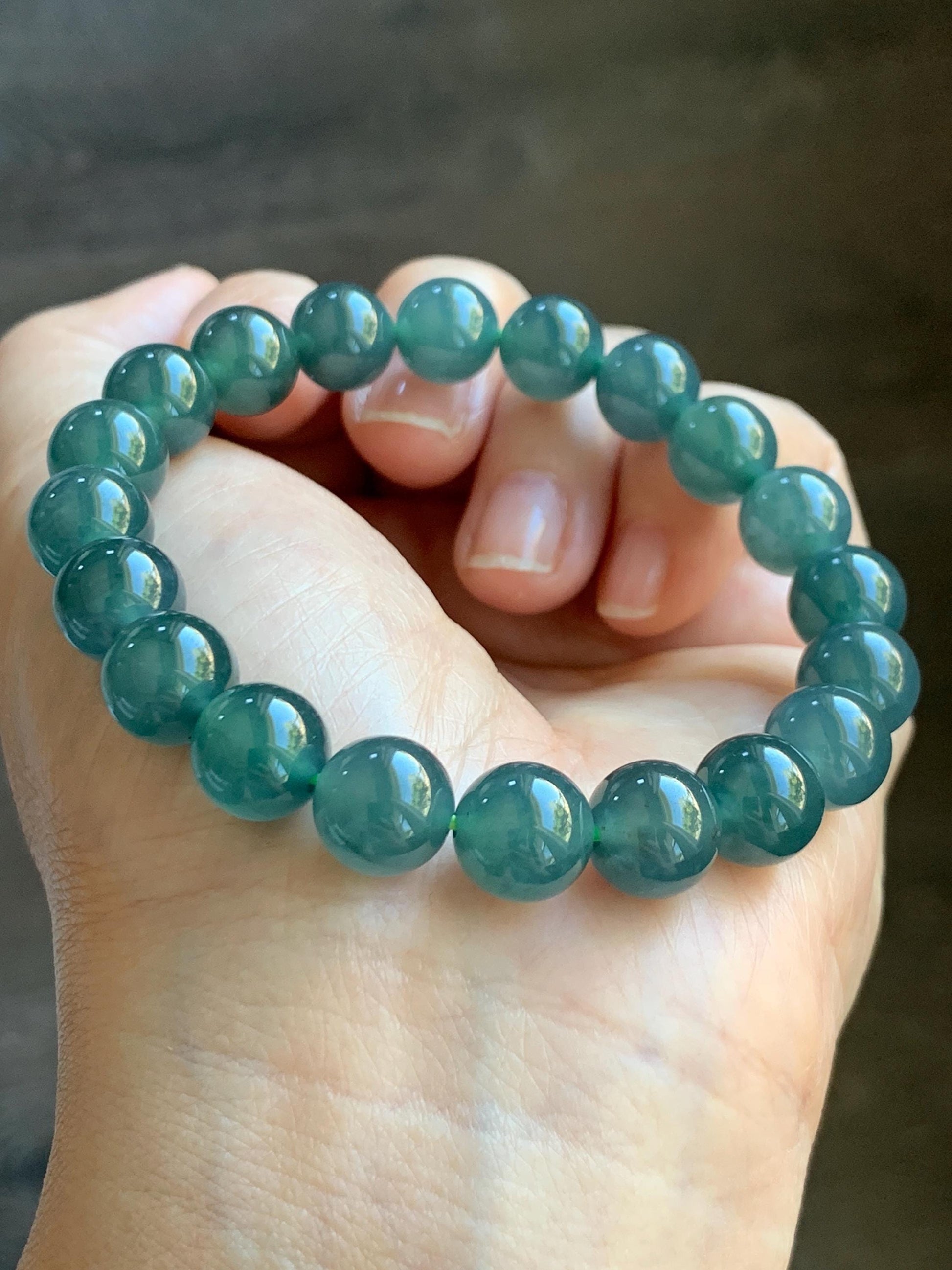 Natural Grade A Guatemalan Icy Highly Translucent Dark Teal Blue Jade Jadeite Beaded Bracelet Stretchy 9.9mm 7.5” 34g 天然冰危深蓝翡翠圆珠手串 WSB550