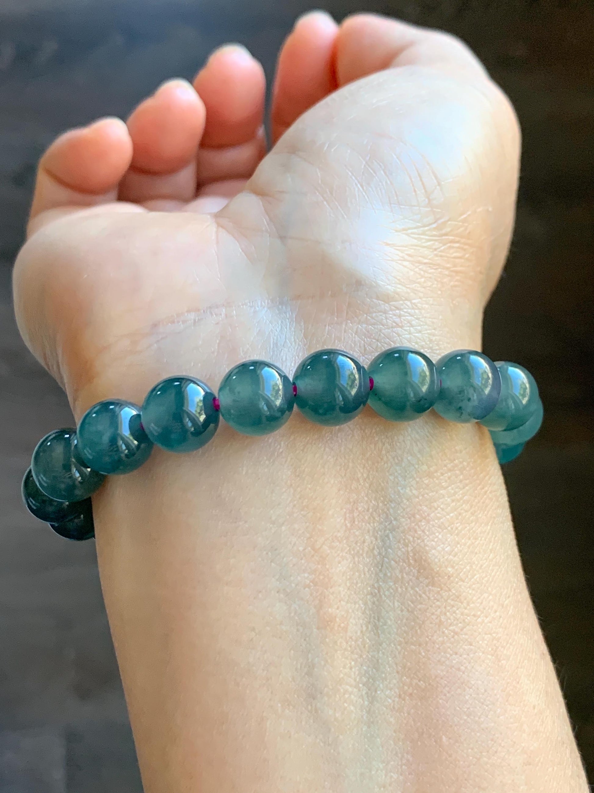 Natural Grade A Guatemalan Icy Highly Translucent Dark Teal Blue Jade Jadeite Beaded Bracelet Stretchy 9.3-9.6mm 7” 28g 天然冰危深蓝翡翠圆珠手串 WFS550