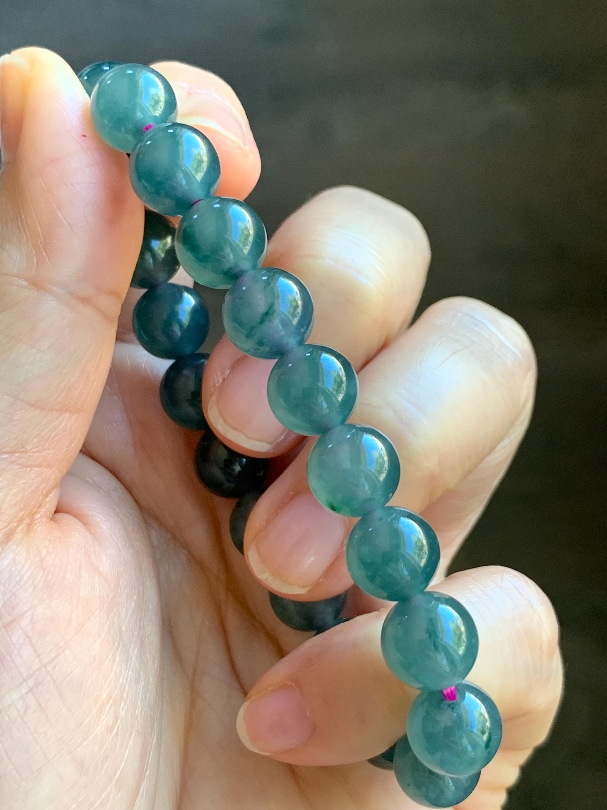 Natural Grade A Guatemalan Icy Highly Translucent Dark Teal Blue Jade Jadeite Beaded Bracelet Stretchy 9.3-9.6mm 7” 28g 天然冰危深蓝翡翠圆珠手串 WFS550