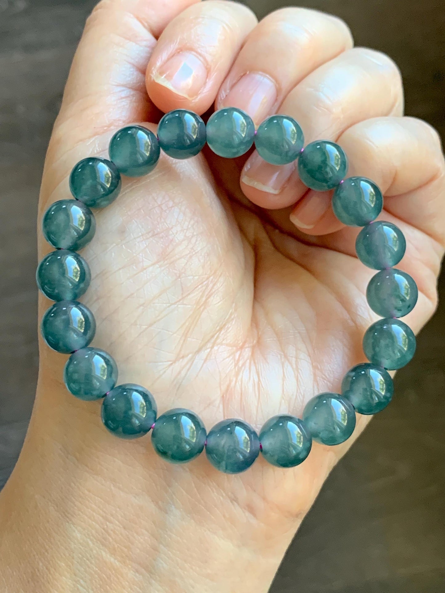 Natural Grade A Guatemalan Icy Highly Translucent Dark Teal Blue Jade Jadeite Beaded Bracelet Stretchy 9.3-9.6mm 7” 28g 天然冰危深蓝翡翠圆珠手串 WFS550