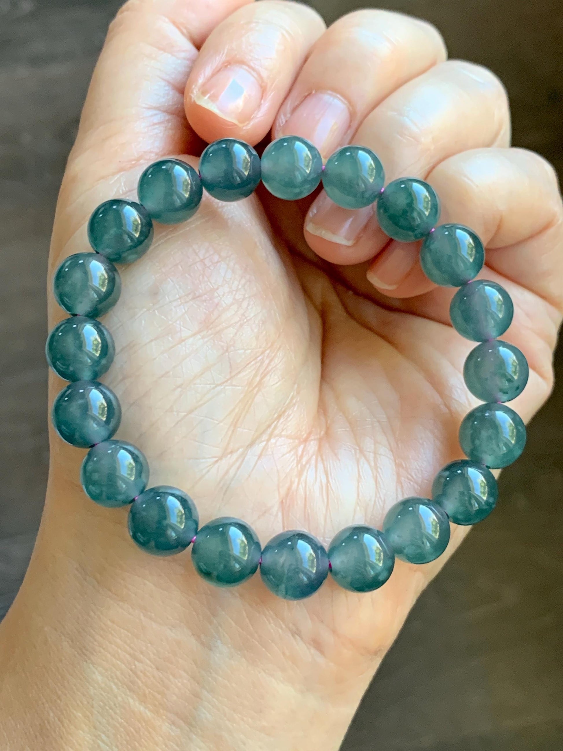 Natural Grade A Guatemalan Icy Highly Translucent Dark Teal Blue Jade Jadeite Beaded Bracelet Stretchy 9.3-9.6mm 7” 28g 天然冰危深蓝翡翠圆珠手串 WFS550