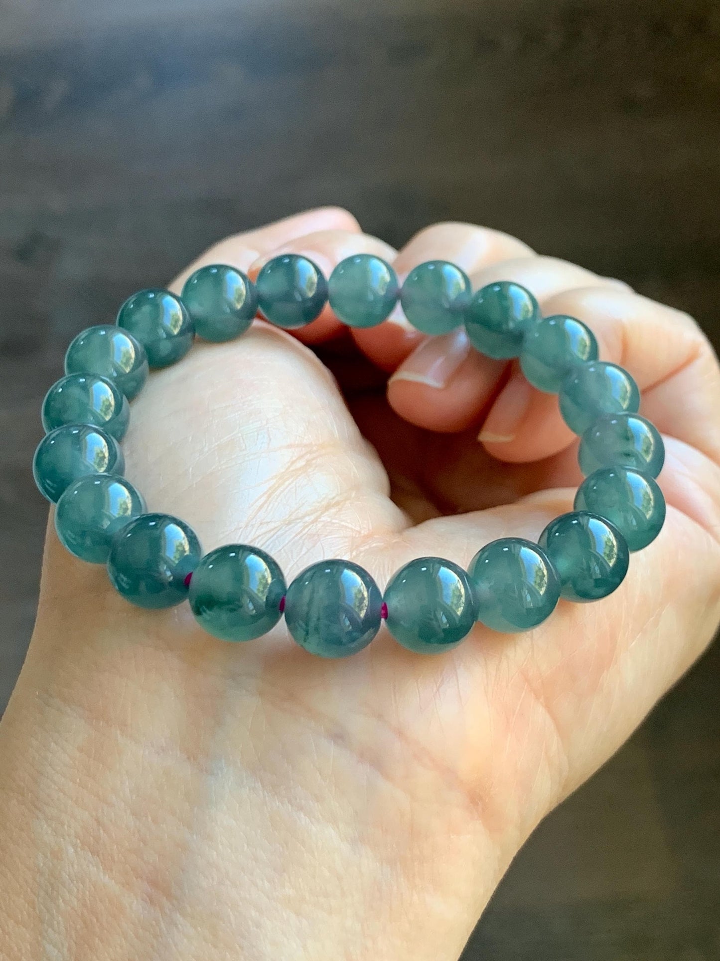 Natural Grade A Guatemalan Icy Highly Translucent Dark Teal Blue Jade Jadeite Beaded Bracelet Stretchy 9.3-9.6mm 7” 28g 天然冰危深蓝翡翠圆珠手串 WFS550