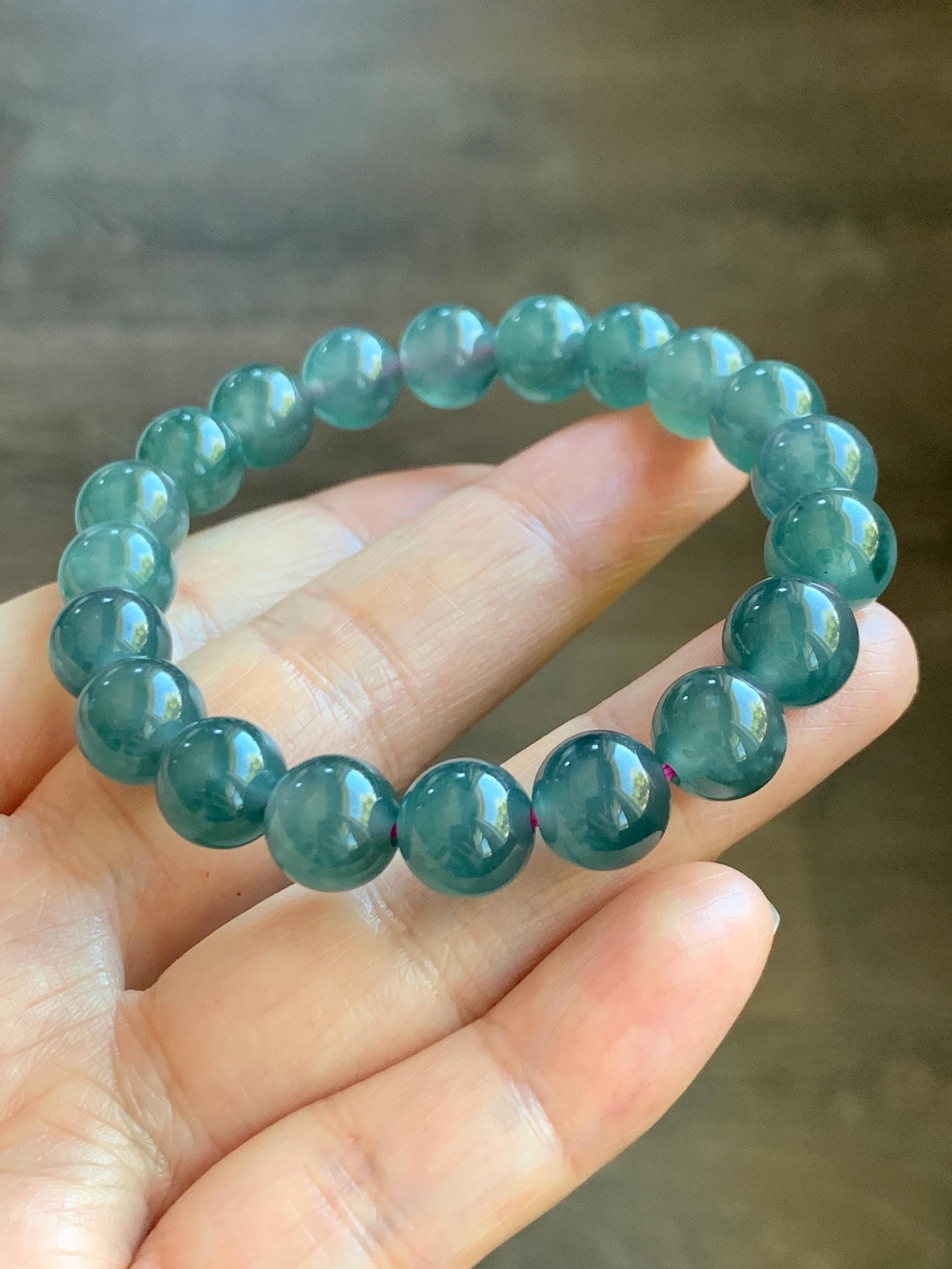 Natural Grade A Guatemalan Icy Highly Translucent Dark Teal Blue Jade Jadeite Beaded Bracelet Stretchy 9.3-9.6mm 7” 28g 天然冰危深蓝翡翠圆珠手串 WFS550