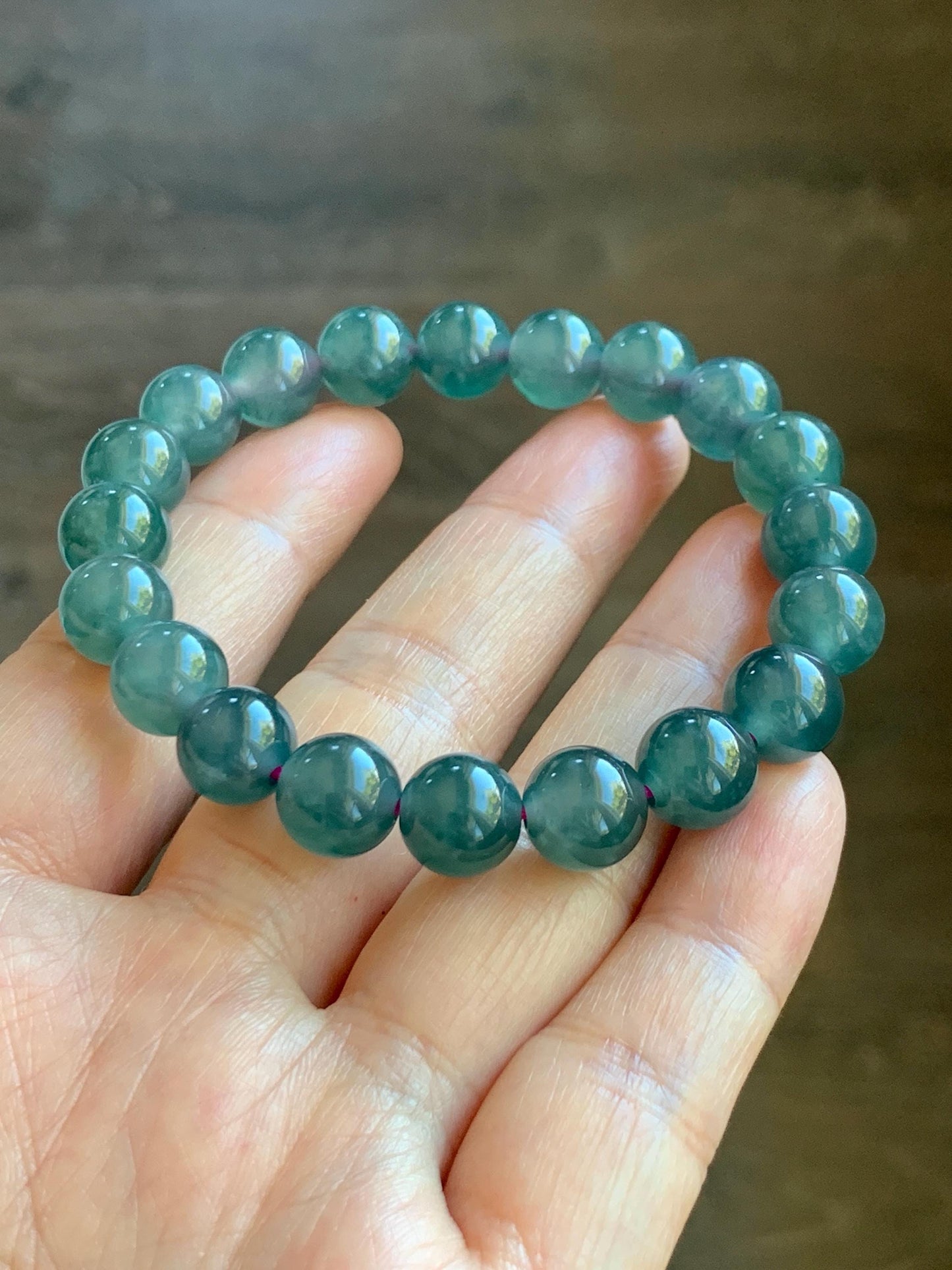 Natural Grade A Guatemalan Icy Highly Translucent Dark Teal Blue Jade Jadeite Beaded Bracelet Stretchy 9.3-9.6mm 7” 28g 天然冰危深蓝翡翠圆珠手串 WFS550