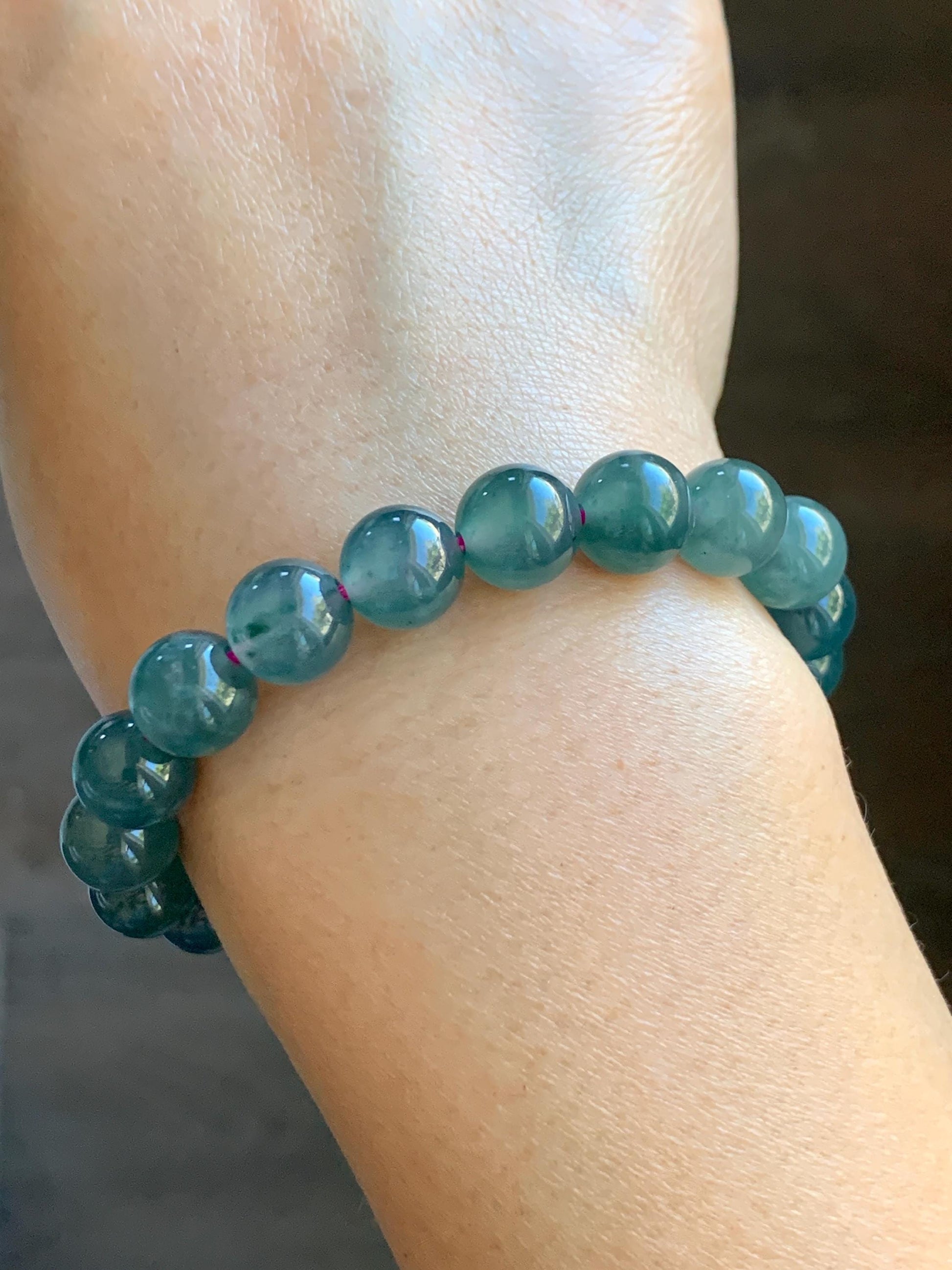 Natural Grade A Guatemalan Icy Highly Translucent Dark Teal Blue Jade Jadeite Beaded Bracelet Stretchy 9.3-9.6mm 7” 28g 天然冰危深蓝翡翠圆珠手串 WFS550
