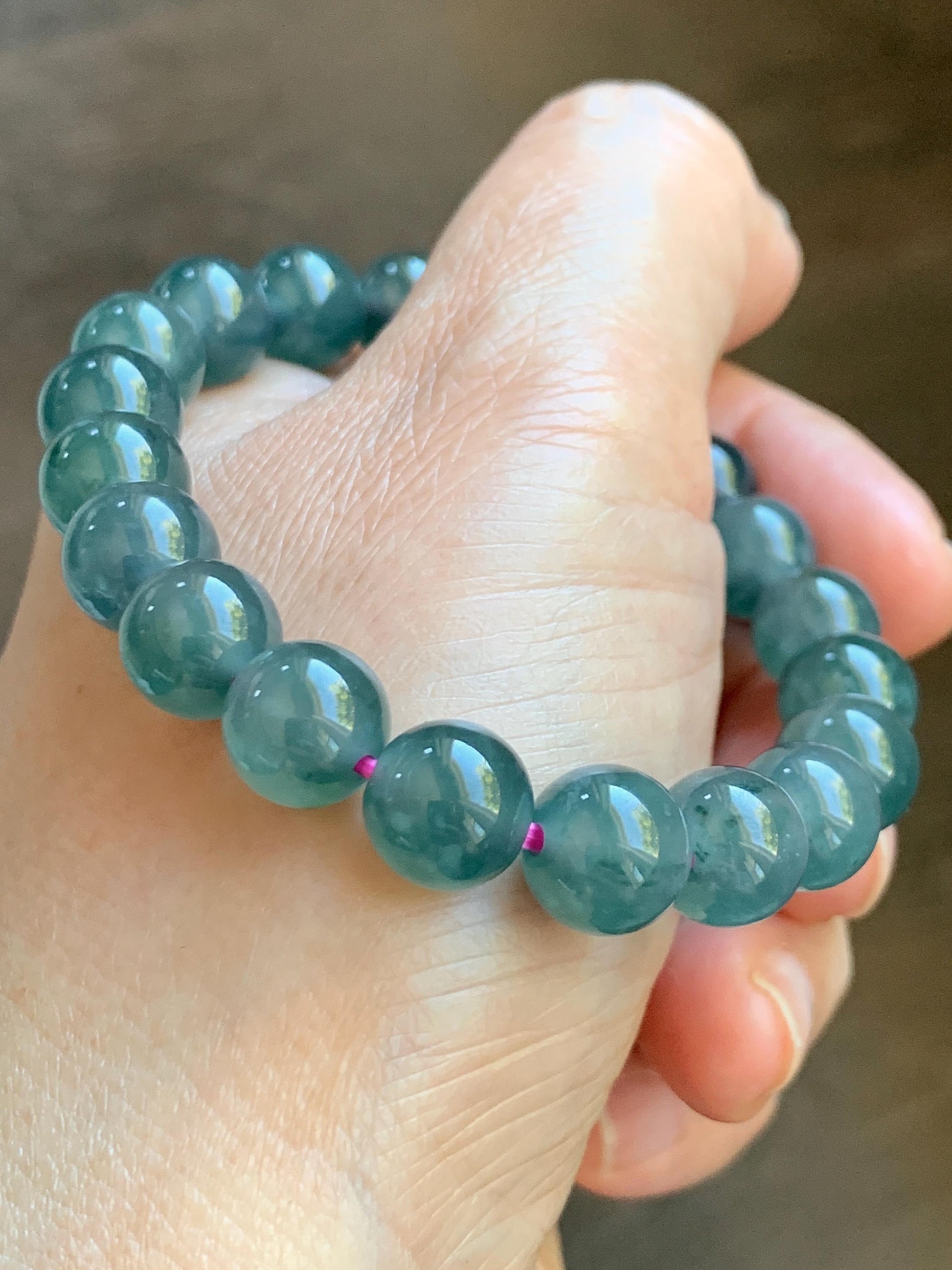 Natural Grade A Guatemalan Icy Highly Translucent Dark Teal Blue Jade Jadeite Beaded Bracelet Stretchy 9.3-9.6mm 7” 28g 天然冰危深蓝翡翠圆珠手串 WFS550