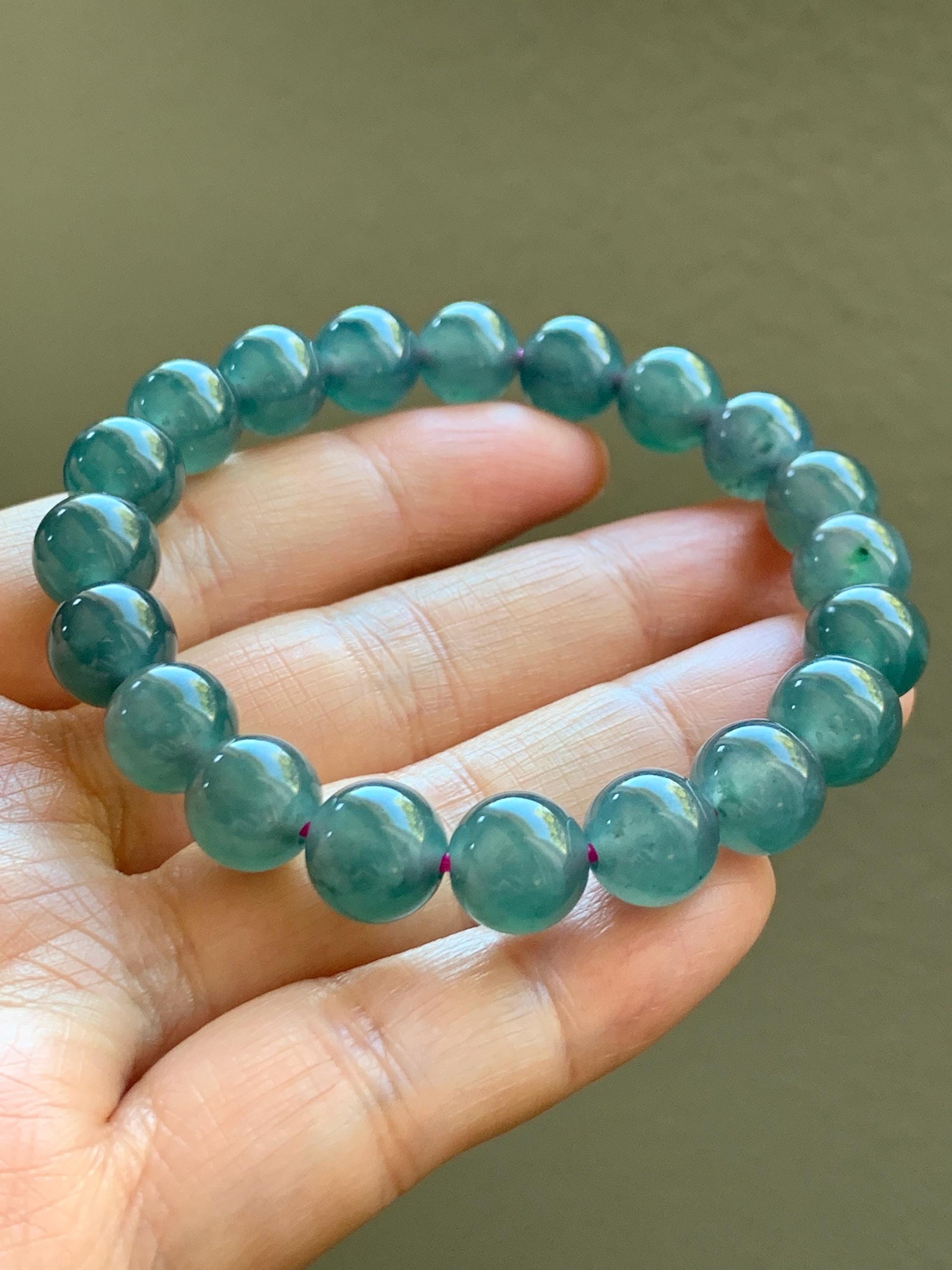 Natural Grade A Guatemalan Icy Highly Translucent Dark Teal Blue Jade Jadeite Beaded Bracelet Stretchy 9.3-9.6mm 7” 28g 天然冰危深蓝翡翠圆珠手串 WFS550