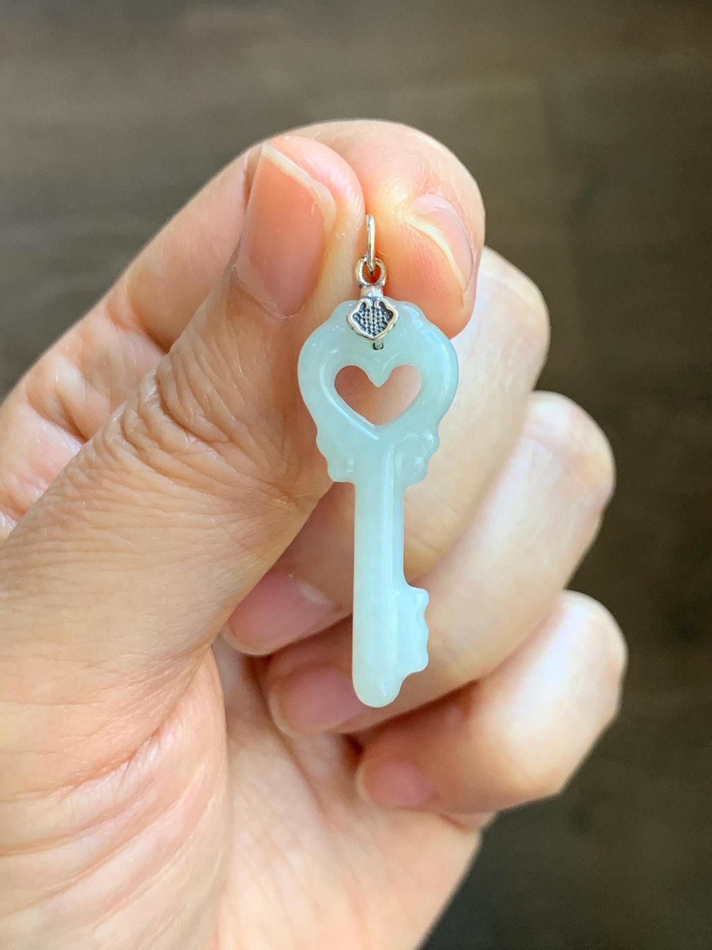 Natural Grade A Icy Translucent Icy Pale Green Jade Jadeite Carved Love Key Pendant Sterling Silver 3g 天然冰细糯淡晴底翡翠爱心钥匙银镶吊坠 MDS33
