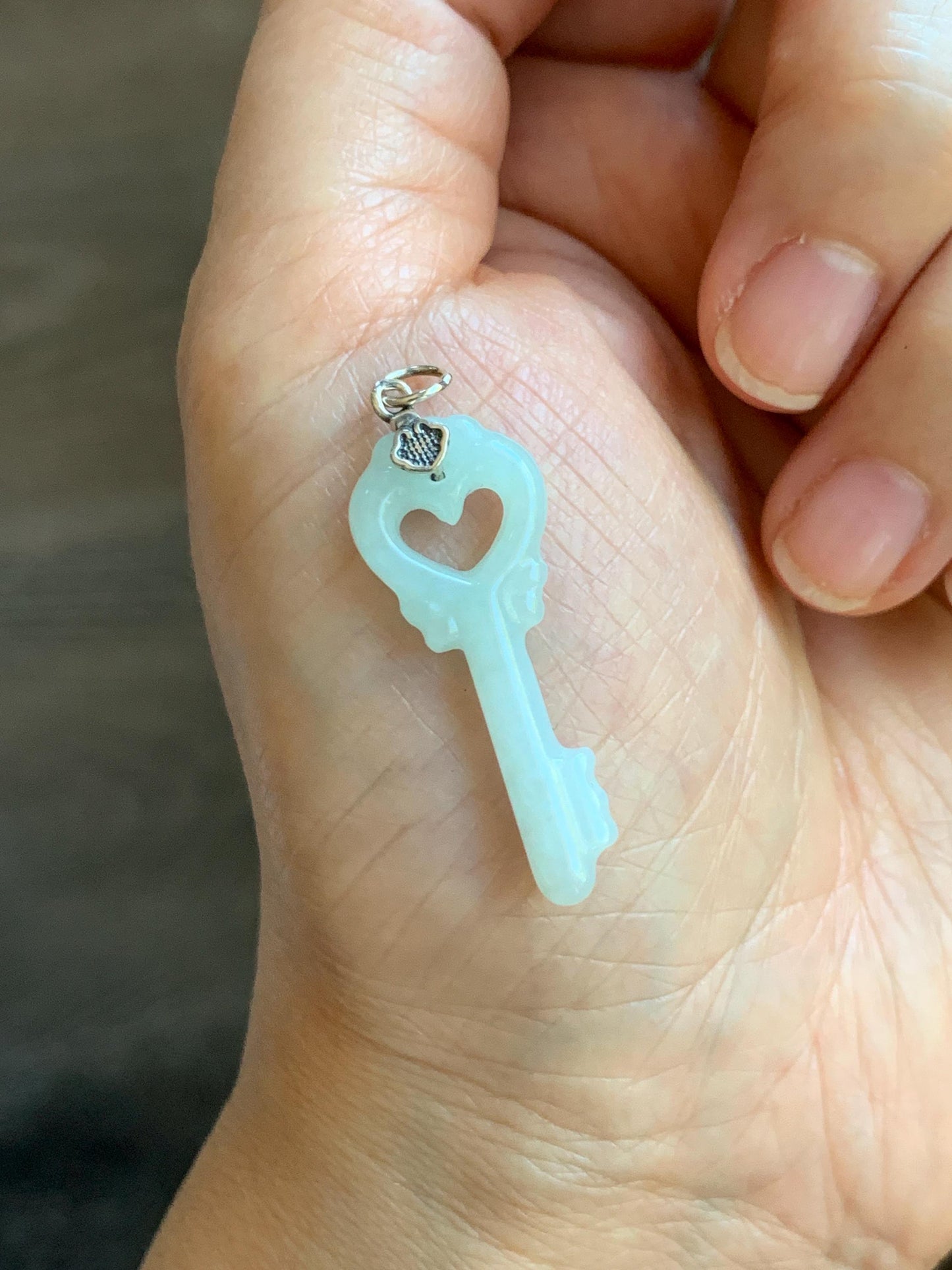 Natural Grade A Icy Translucent Icy Pale Green Jade Jadeite Carved Love Key Pendant Sterling Silver 3g 天然冰细糯淡晴底翡翠爱心钥匙银镶吊坠 MDS33