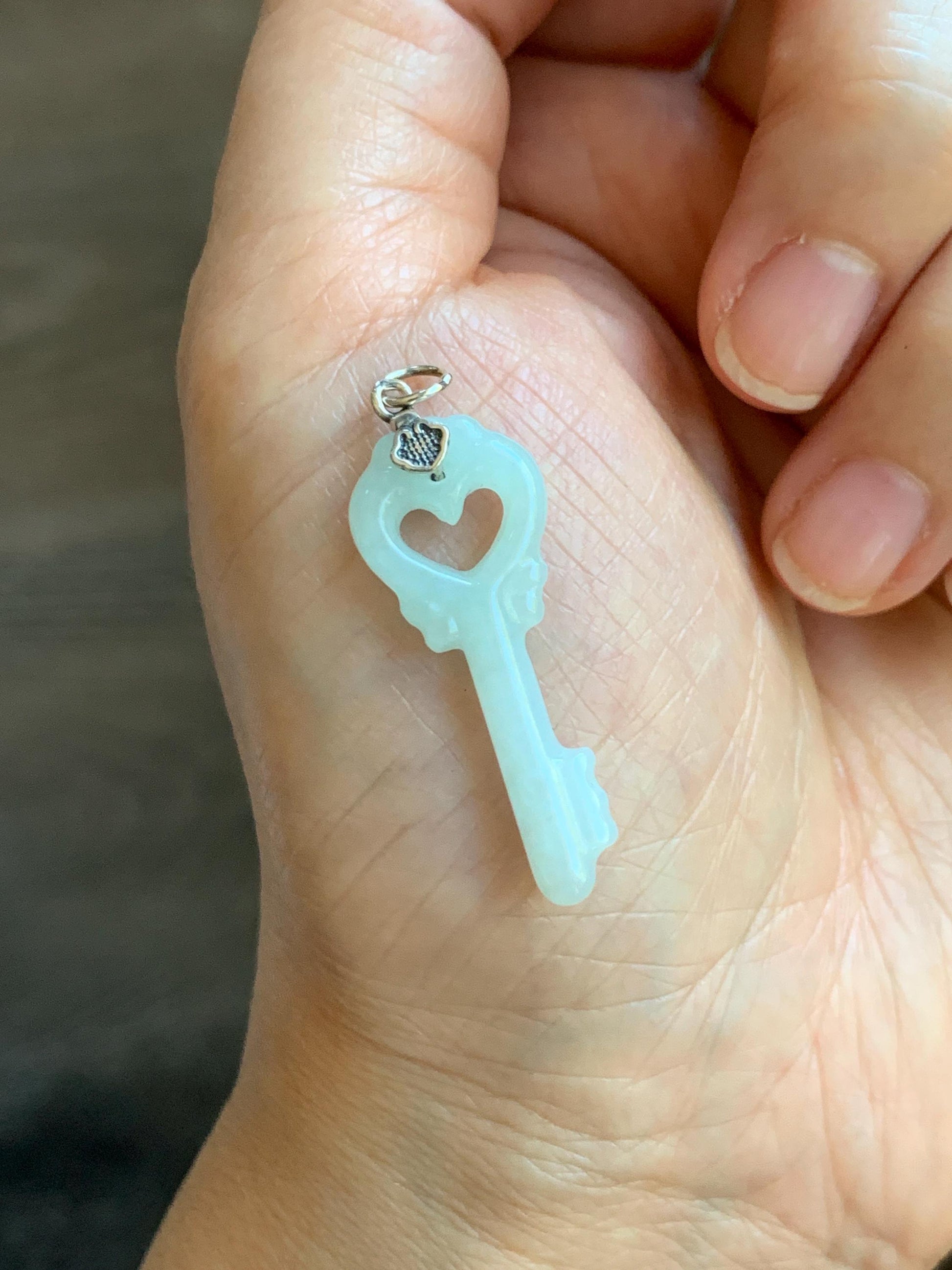 Natural Grade A Icy Translucent Icy Pale Green Jade Jadeite Carved Love Key Pendant Sterling Silver 3g 天然冰细糯淡晴底翡翠爱心钥匙银镶吊坠 MDS33