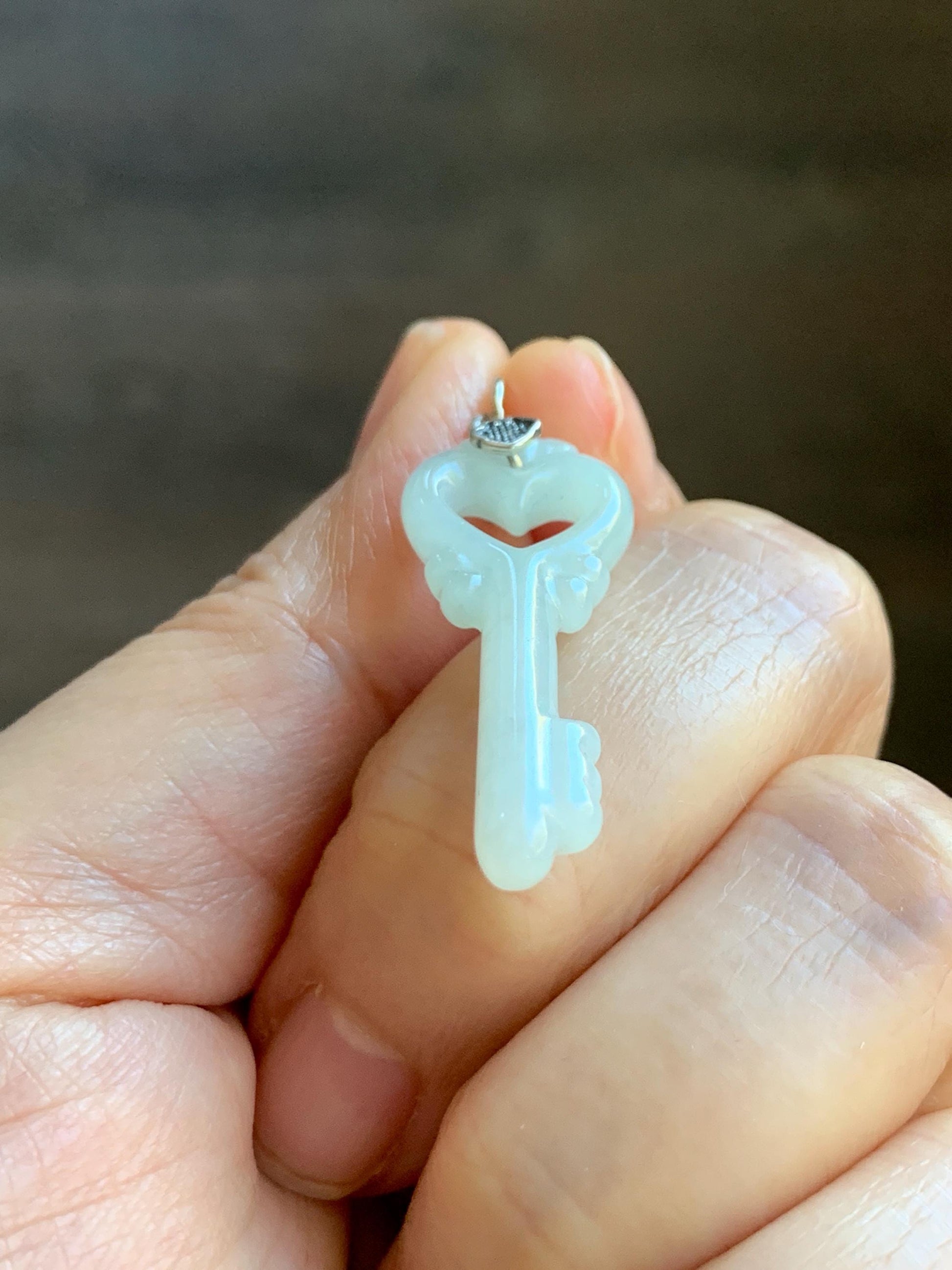 Natural Grade A Icy Translucent Icy Pale Green Jade Jadeite Carved Love Key Pendant Sterling Silver 3g 天然冰细糯淡晴底翡翠爱心钥匙银镶吊坠 MDS33