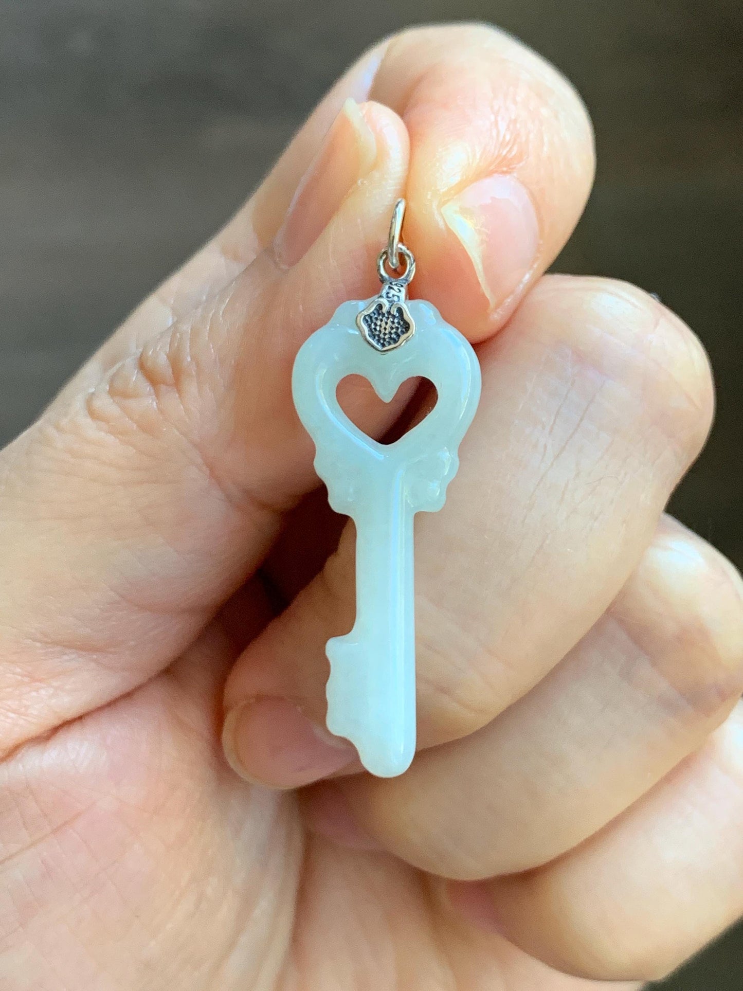 Natural Grade A Icy Translucent Icy Pale Green Jade Jadeite Carved Love Key Pendant Sterling Silver 3g 天然冰细糯淡晴底翡翠爱心钥匙银镶吊坠 MDS33