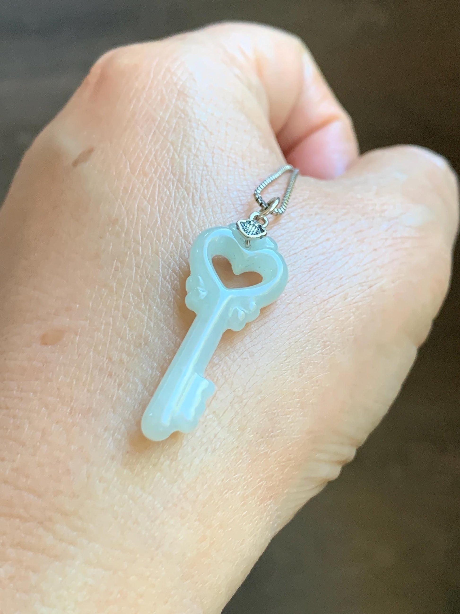 Natural Grade A Icy Translucent Icy Pale Green Jade Jadeite Carved Love Key Pendant Sterling Silver 3g 天然冰细糯淡晴底翡翠爱心钥匙银镶吊坠 MDS33