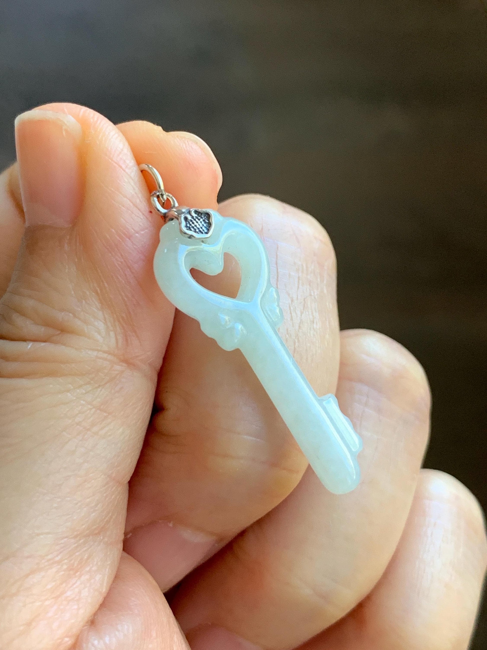 Natural Grade A Icy Translucent Icy Pale Green Jade Jadeite Carved Love Key Pendant Sterling Silver 3g 天然冰细糯淡晴底翡翠爱心钥匙银镶吊坠 MDS33