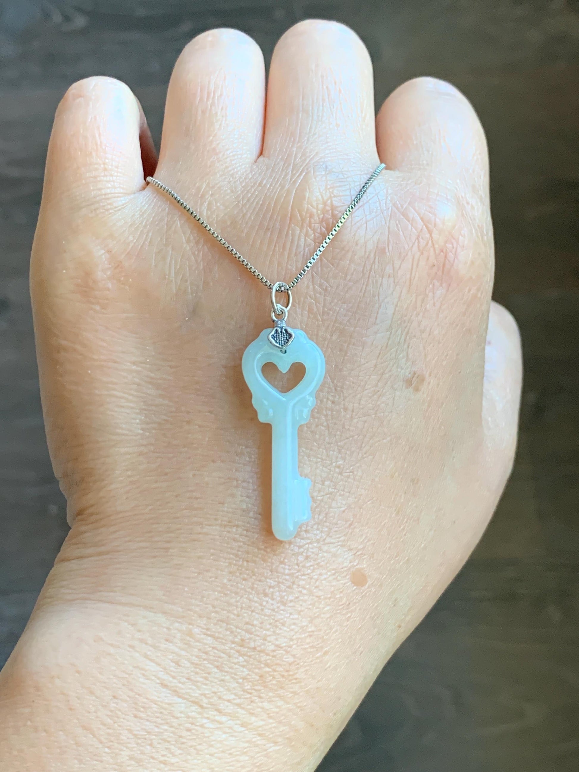 Natural Grade A Icy Translucent Icy Pale Green Jade Jadeite Carved Love Key Pendant Sterling Silver 3g 天然冰细糯淡晴底翡翠爱心钥匙银镶吊坠 MDS33