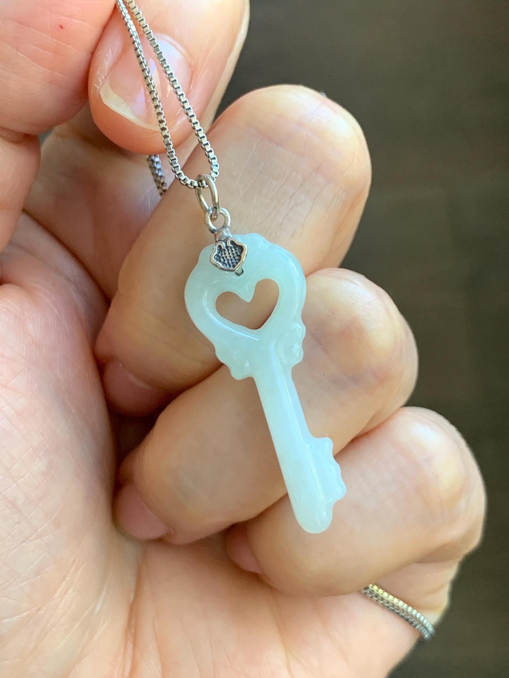 Natural Grade A Icy Translucent Icy Pale Green Jade Jadeite Carved Love Key Pendant Sterling Silver 3g 天然冰细糯淡晴底翡翠爱心钥匙银镶吊坠 MDS33