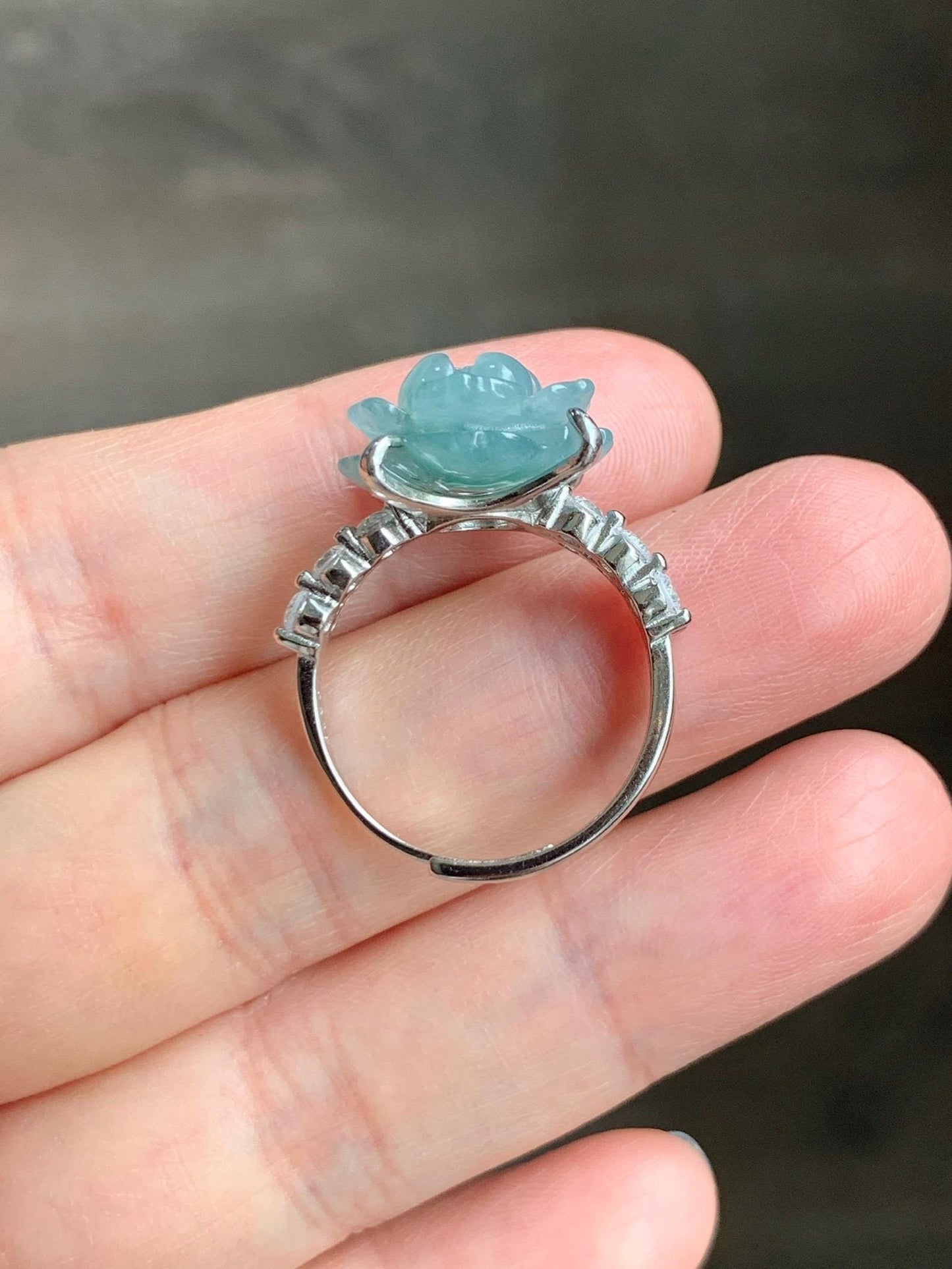 Natural Grade A Guatemalan Icy Dusty Teal Blue Jade Jadeite Lotus Flower Ring Sterling Silver Size Adjustable 4g 天然冰危浅蓝翡翠莲花戒指 WLY132I