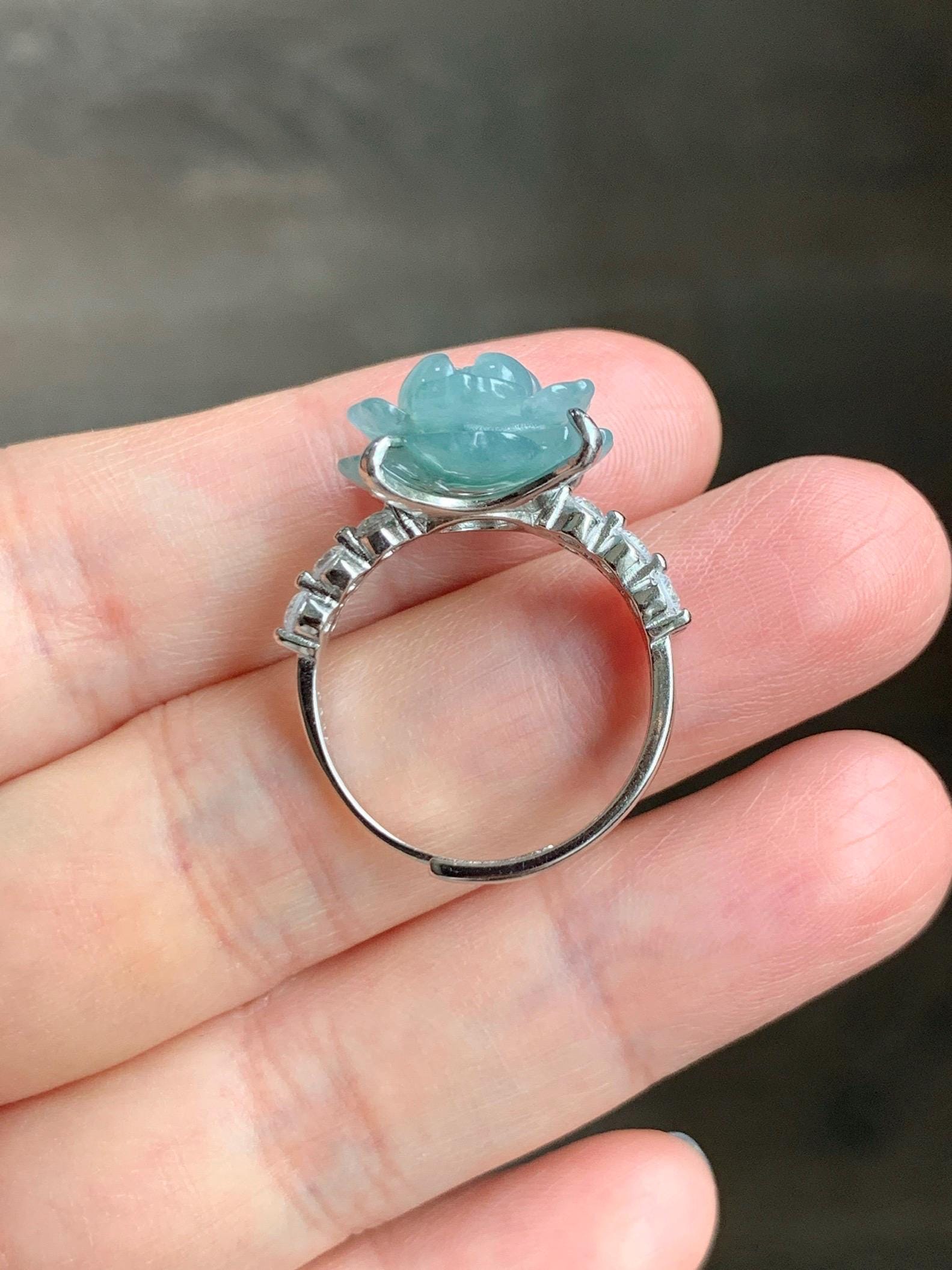 Natural Grade A Guatemalan Icy Dusty Teal Blue Jade Jadeite Lotus Flower Ring Sterling Silver Size Adjustable 4g 天然冰危浅蓝翡翠莲花戒指 WLY132I