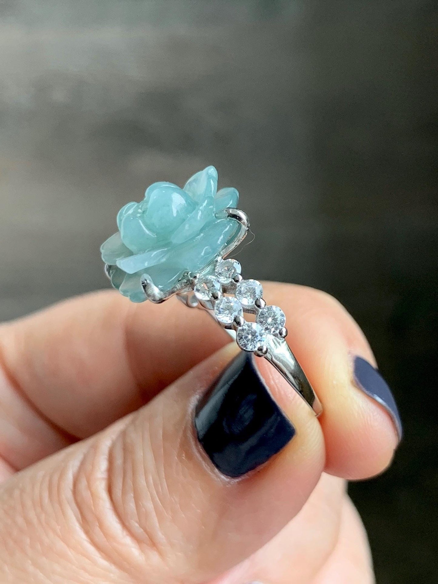 Natural Grade A Guatemalan Icy Dusty Teal Blue Jade Jadeite Lotus Flower Ring Sterling Silver Size Adjustable 4g 天然冰危浅蓝翡翠莲花戒指 WLY132I