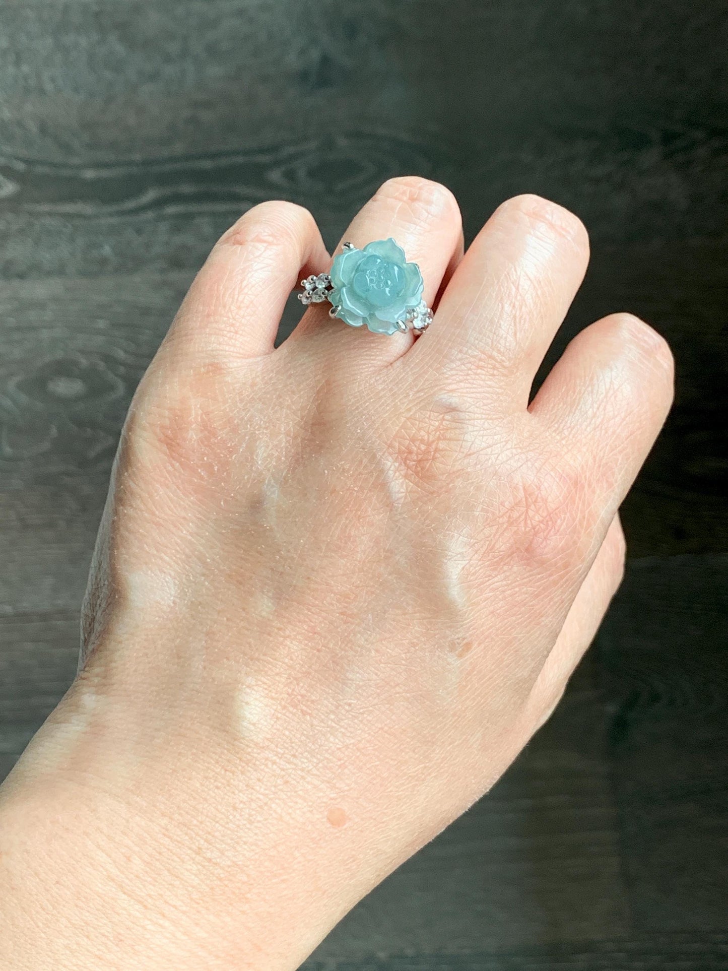 Natural Grade A Guatemalan Icy Dusty Teal Blue Jade Jadeite Lotus Flower Ring Sterling Silver Size Adjustable 4g 天然冰危浅蓝翡翠莲花戒指 WLY132I