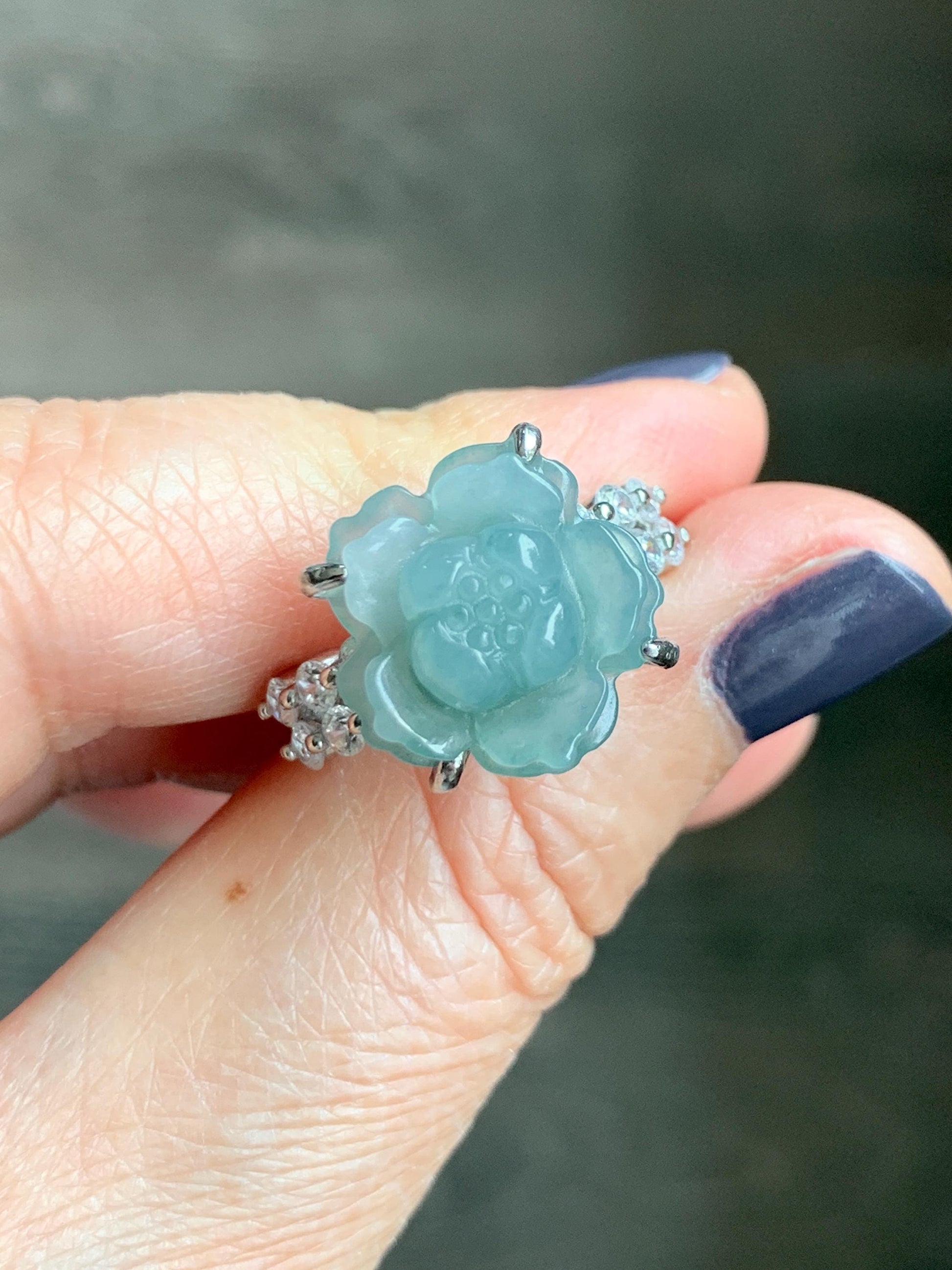 Natural Grade A Guatemalan Icy Dusty Teal Blue Jade Jadeite Lotus Flower Ring Sterling Silver Size Adjustable 4g 天然冰危浅蓝翡翠莲花戒指 WLY132I
