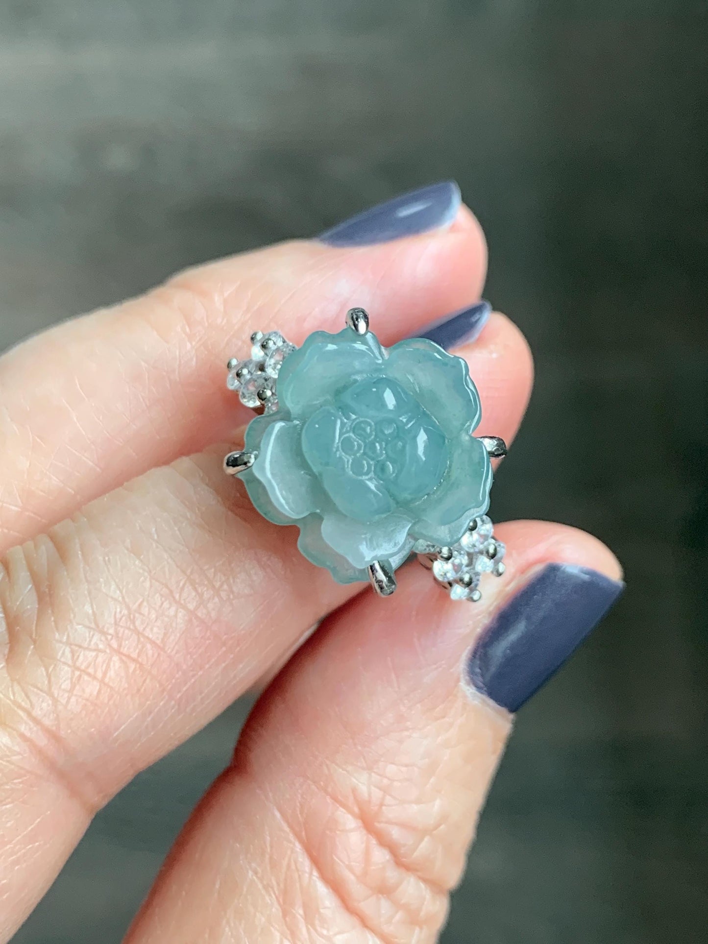 Natural Grade A Guatemalan Icy Dusty Teal Blue Jade Jadeite Lotus Flower Ring Sterling Silver Size Adjustable 4g 天然冰危浅蓝翡翠莲花戒指 WLY132I