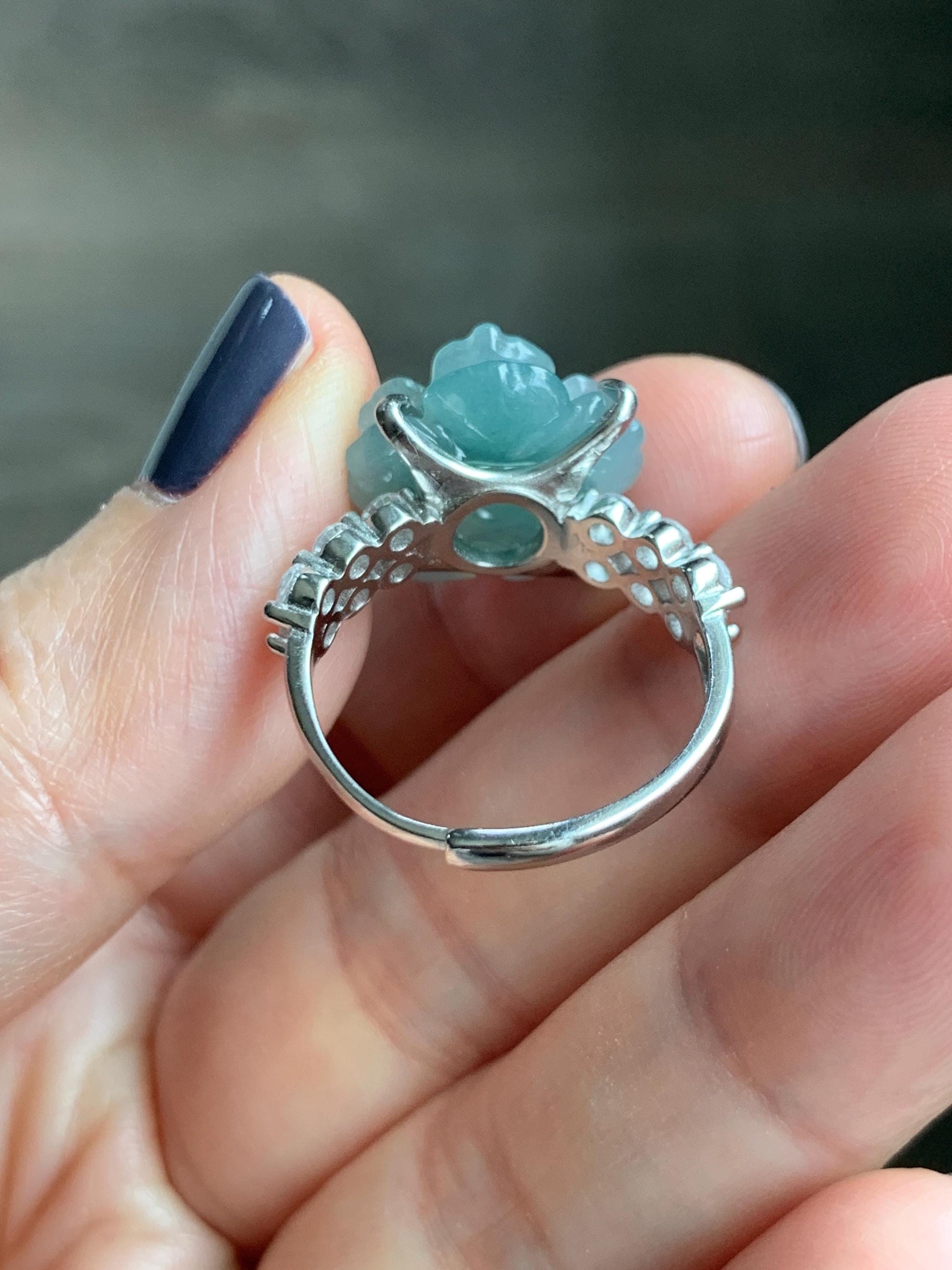 Natural Grade A Guatemalan Icy Dusty Teal Blue Jade Jadeite Lotus Flower Ring Sterling Silver Size Adjustable 4g 天然冰危浅蓝翡翠莲花戒指 WLY132I