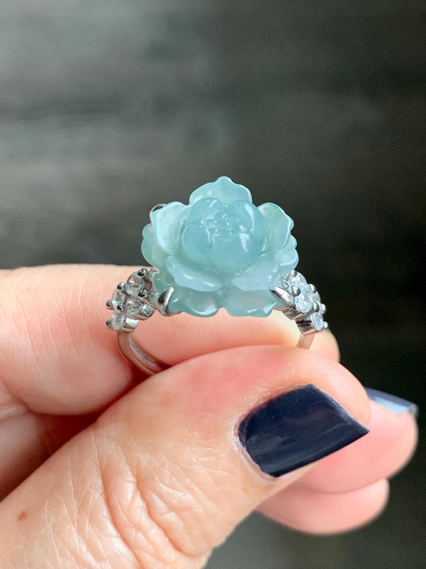 Natural Grade A Guatemalan Icy Dusty Teal Blue Jade Jadeite Lotus Flower Ring Sterling Silver Size Adjustable 4g 天然冰危浅蓝翡翠莲花戒指 WLY132I