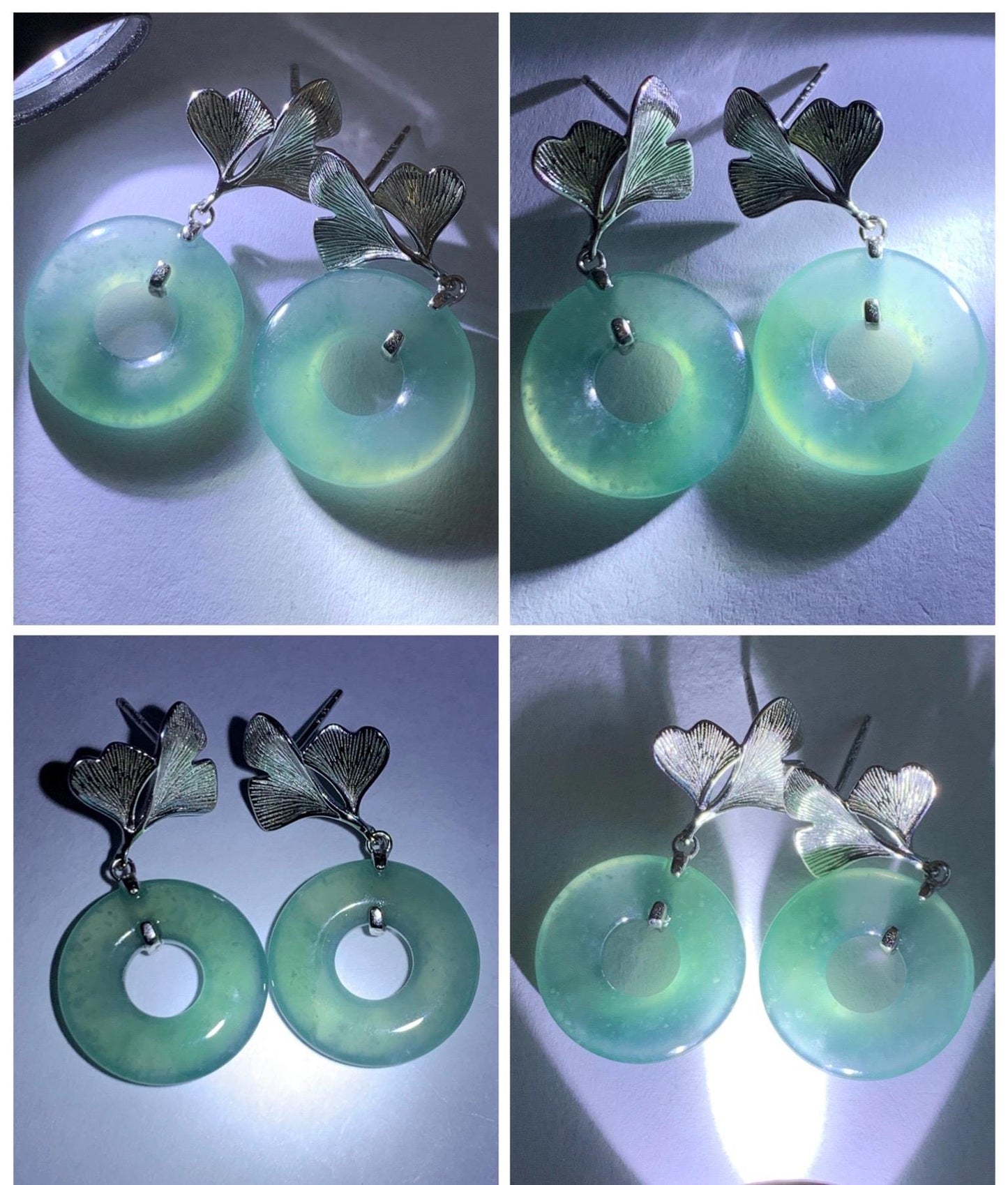 Natural Type A Guatemalan Icy Translucent Teal Green Jadeite Ping An Kou Donut Ginkgo Leaf Earrings Sterling Silver 天然冰危浅蓝绿翡翠平安扣银杏叶耳钉 WQU110