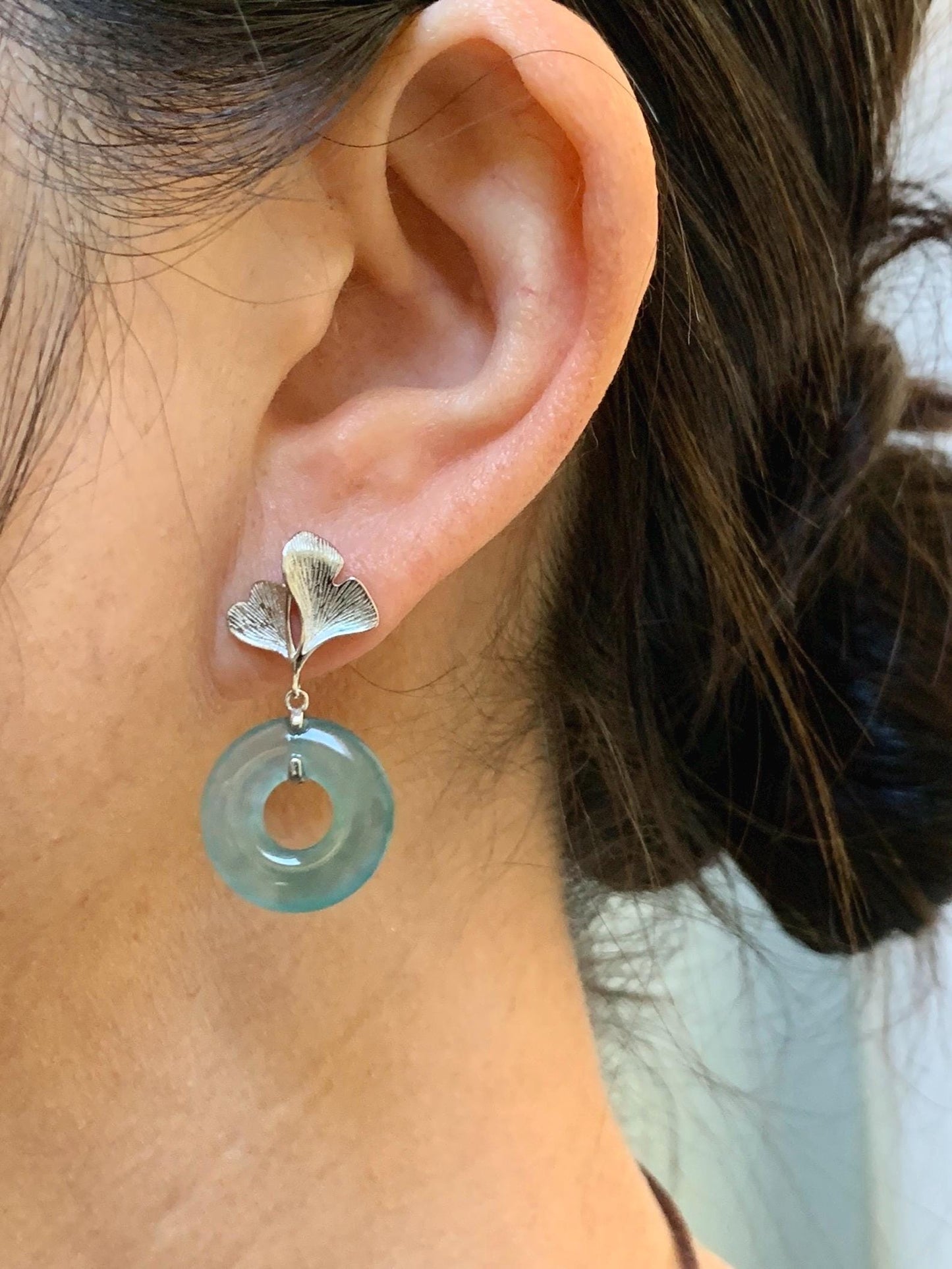 Natural Type A Guatemalan Icy Translucent Teal Green Jadeite Ping An Kou Donut Ginkgo Leaf Earrings Sterling Silver 天然冰危浅蓝绿翡翠平安扣银杏叶耳钉 WQU110