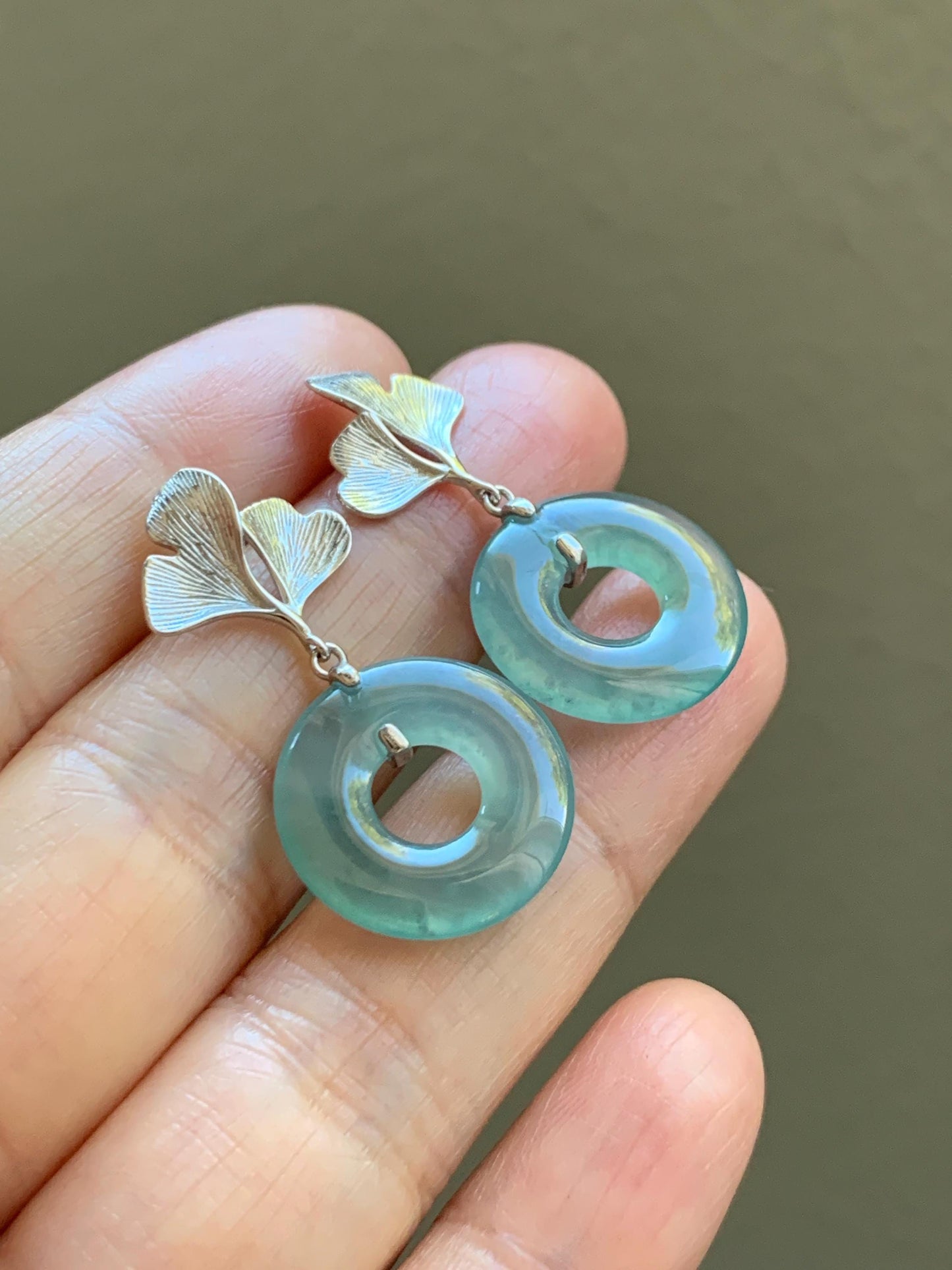 Natural Type A Guatemalan Icy Translucent Teal Green Jadeite Ping An Kou Donut Ginkgo Leaf Earrings Sterling Silver 天然冰危浅蓝绿翡翠平安扣银杏叶耳钉 WQU110