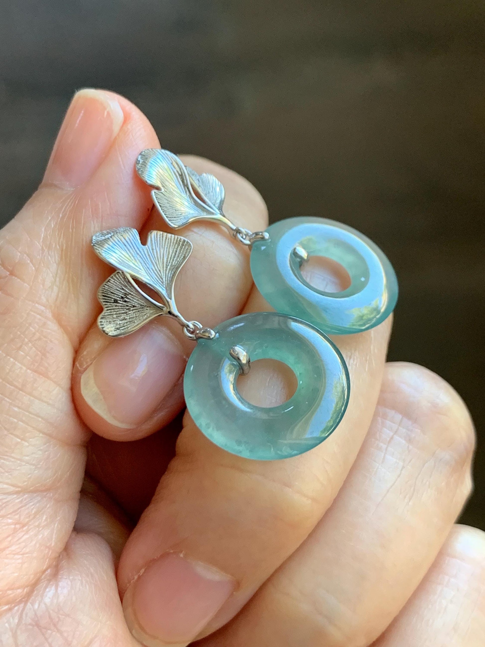 Natural Type A Guatemalan Icy Translucent Teal Green Jadeite Ping An Kou Donut Ginkgo Leaf Earrings Sterling Silver 天然冰危浅蓝绿翡翠平安扣银杏叶耳钉 WQU110