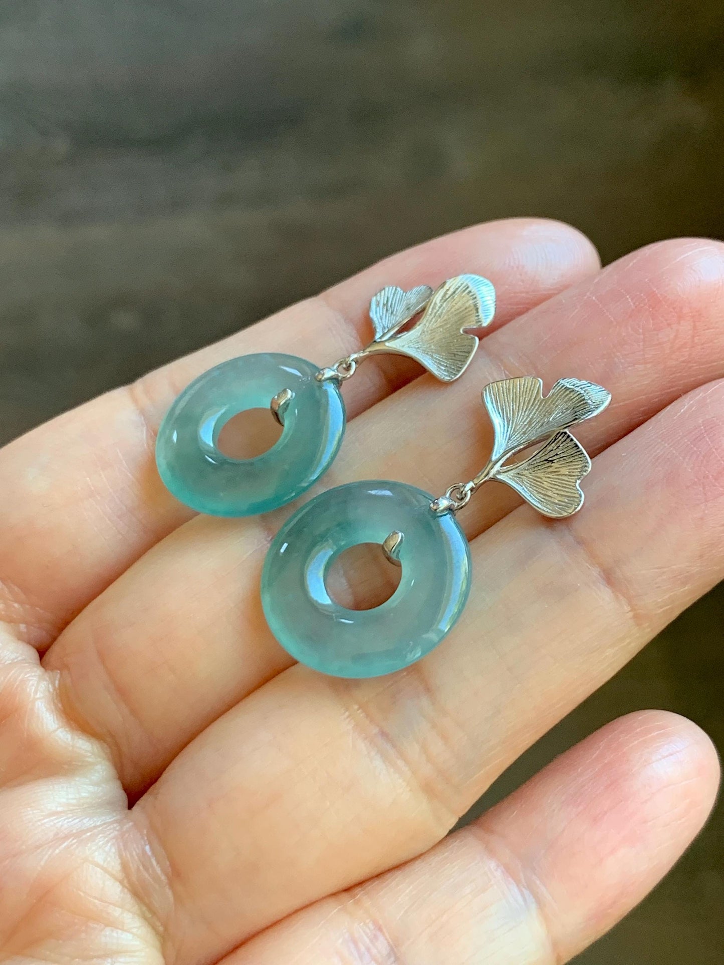 Natural Type A Guatemalan Icy Translucent Teal Green Jadeite Ping An Kou Donut Ginkgo Leaf Earrings Sterling Silver 天然冰危浅蓝绿翡翠平安扣银杏叶耳钉 WQU110