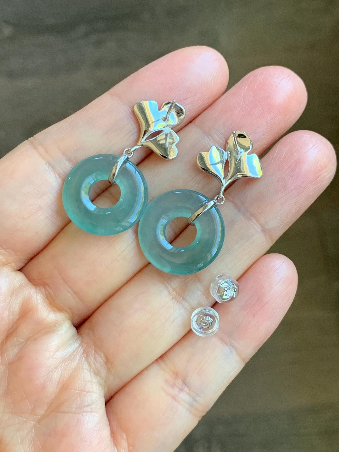 Natural Type A Guatemalan Icy Translucent Teal Green Jadeite Ping An Kou Donut Ginkgo Leaf Earrings Sterling Silver 天然冰危浅蓝绿翡翠平安扣银杏叶耳钉 WQU110
