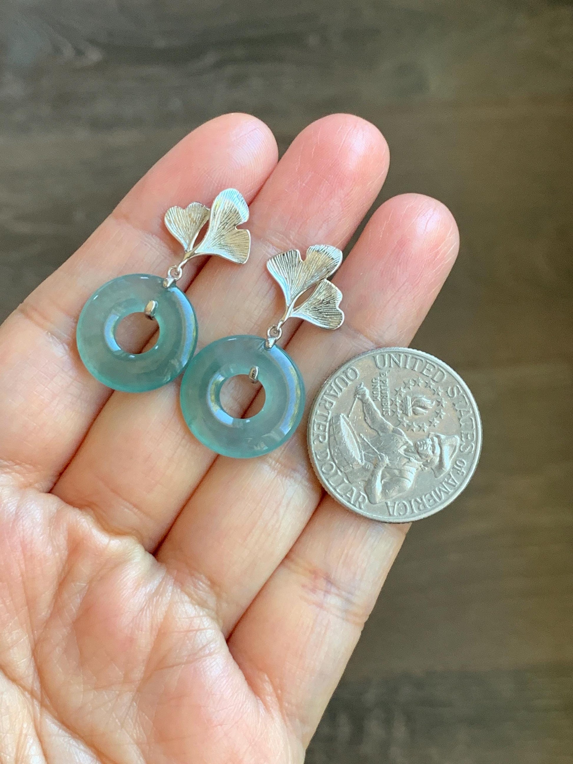 Natural Type A Guatemalan Icy Translucent Teal Green Jadeite Ping An Kou Donut Ginkgo Leaf Earrings Sterling Silver 天然冰危浅蓝绿翡翠平安扣银杏叶耳钉 WQU110