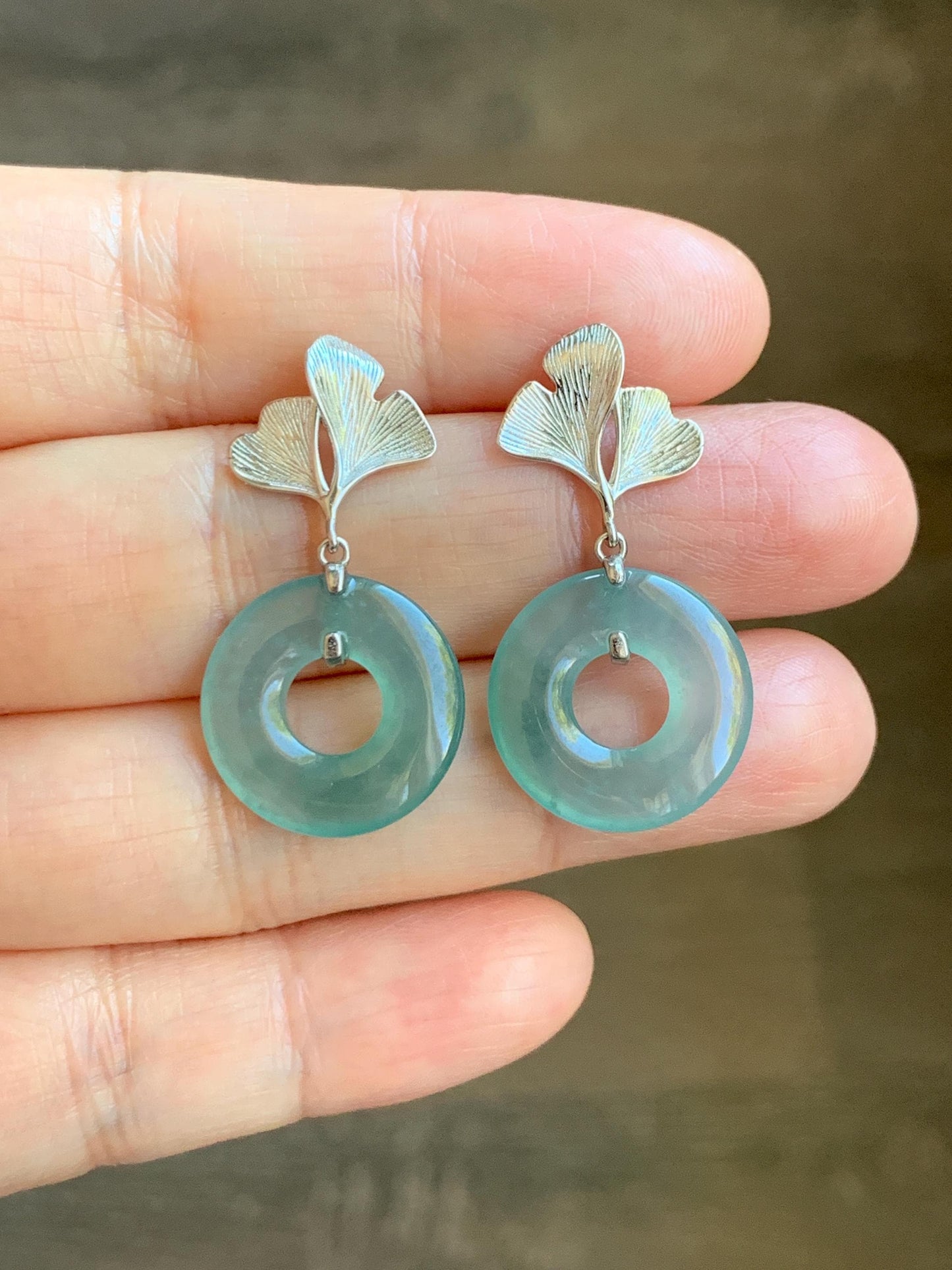 Natural Type A Guatemalan Icy Translucent Teal Green Jadeite Ping An Kou Donut Ginkgo Leaf Earrings Sterling Silver 天然冰危浅蓝绿翡翠平安扣银杏叶耳钉 WQU110