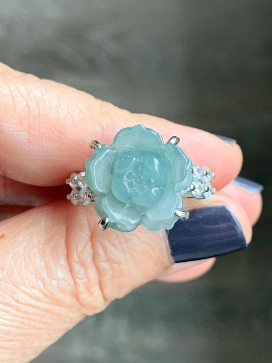 Natural Grade A Guatemalan Icy Dusty Teal Blue Jade Jadeite Lotus Flower Ring Sterling Silver Size Adjustable 4g 天然冰危浅蓝翡翠莲花戒指 WLY132I