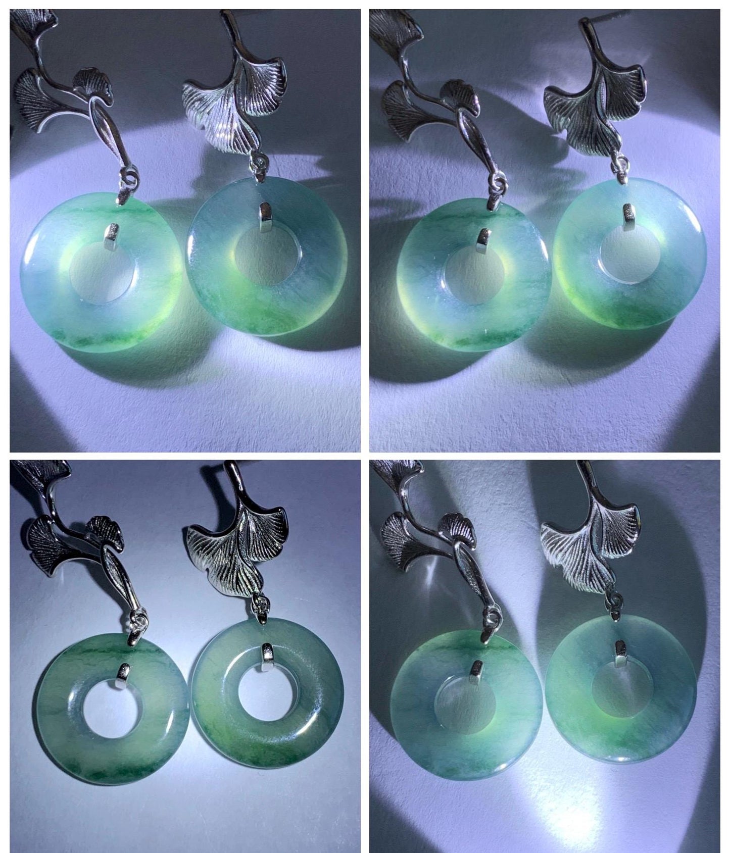 Natural Guatemalan Icy Translucent Light Teal Green Marbled Jadeite Ping An Kou Donut Stud Earrings Sterling Silver 天然冰危蓝绿翡翠平安扣银杏叶耳钉 WYX110A