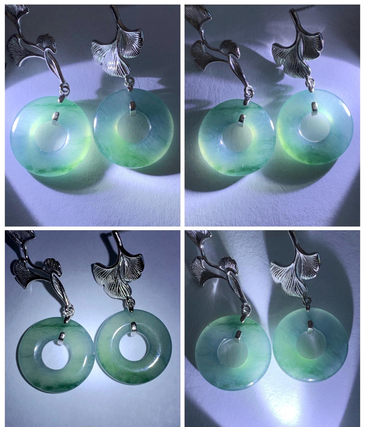 Natural Guatemalan Icy Translucent Light Teal Green Marbled Jadeite Ping An Kou Donut Stud Earrings Sterling Silver 天然冰危蓝绿翡翠平安扣银杏叶耳钉 WYX110A