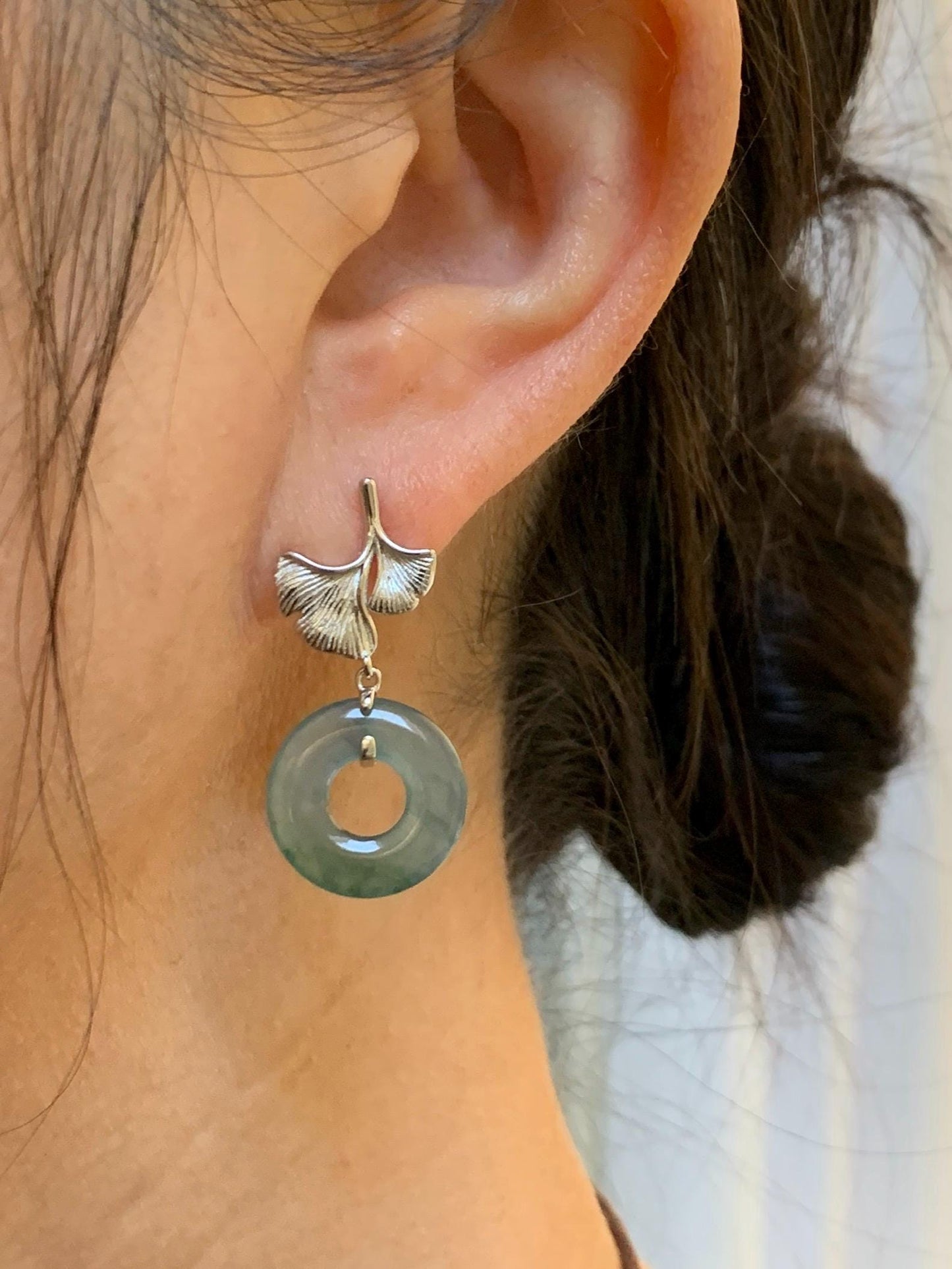 Natural Guatemalan Icy Translucent Light Teal Green Marbled Jadeite Ping An Kou Donut Stud Earrings Sterling Silver 天然冰危蓝绿翡翠平安扣银杏叶耳钉 WYX110A