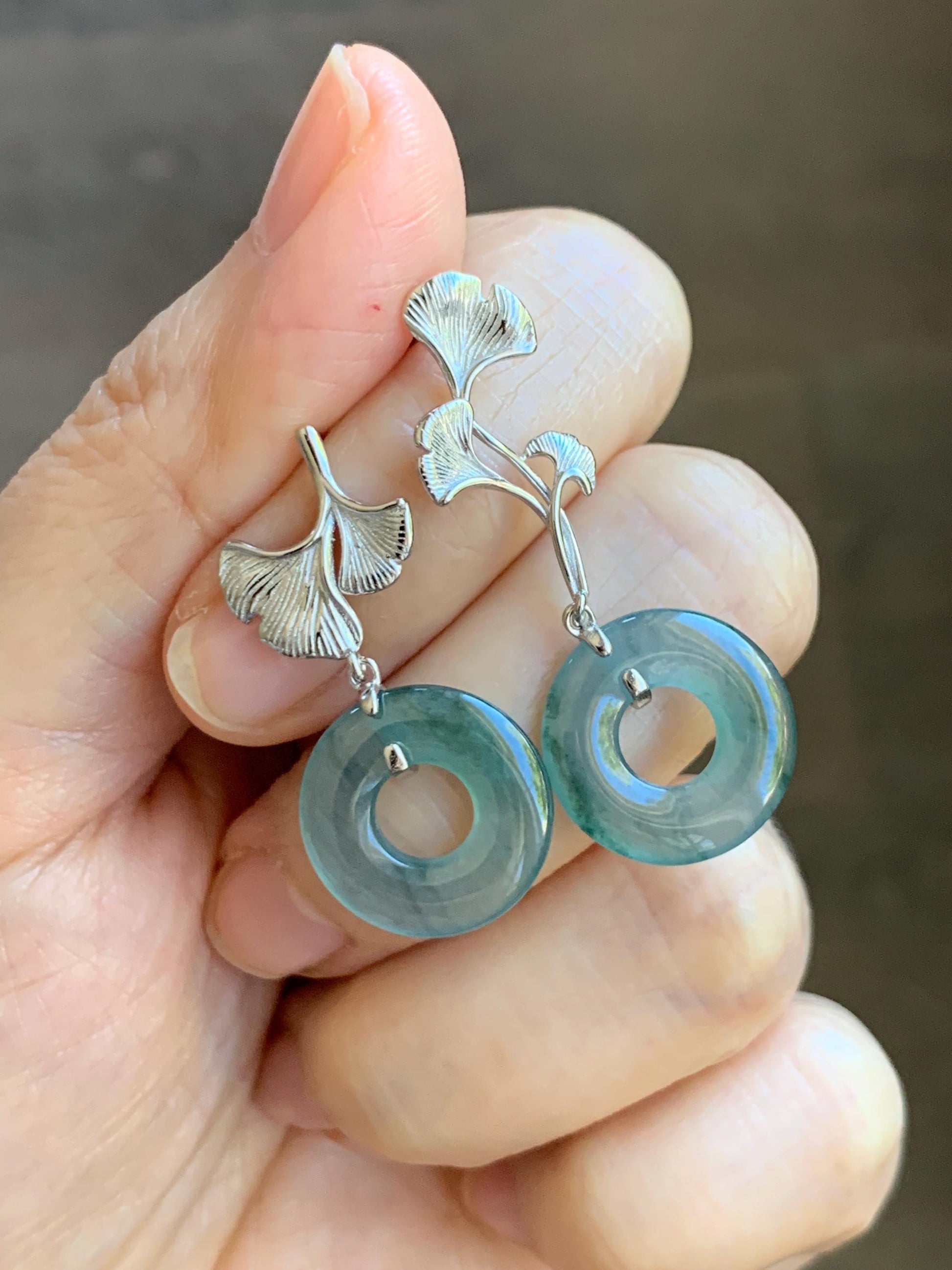 Natural Guatemalan Icy Translucent Light Teal Green Marbled Jadeite Ping An Kou Donut Stud Earrings Sterling Silver 天然冰危蓝绿翡翠平安扣银杏叶耳钉 WYX110A